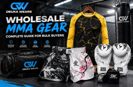 Wholesale MMA gear featuring custom rash guards, fight shorts, boxing gloves, and training accessories by Deuka Wears.