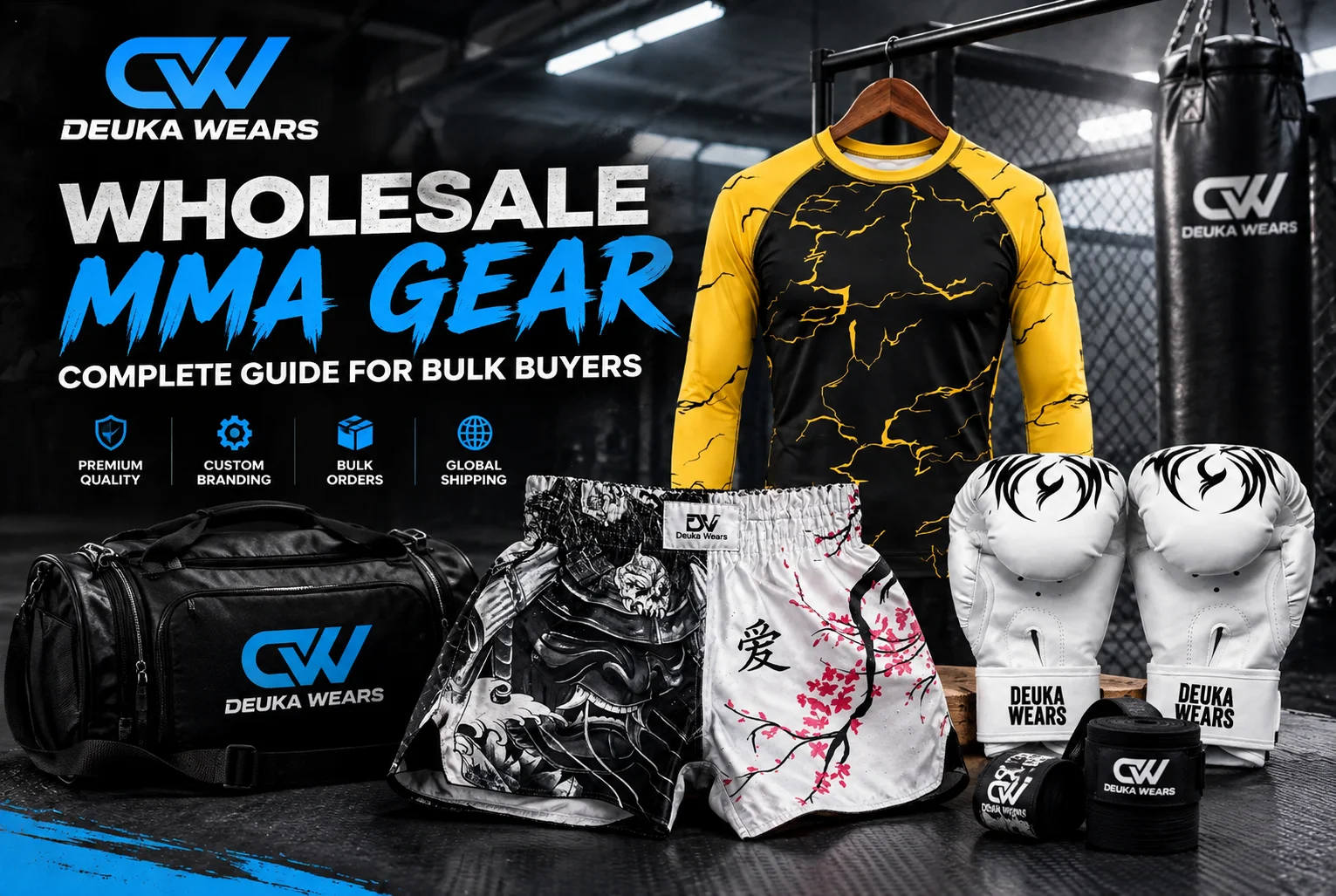 Wholesale MMA gear featuring custom rash guards, fight shorts, boxing gloves, and training accessories by Deuka Wears.