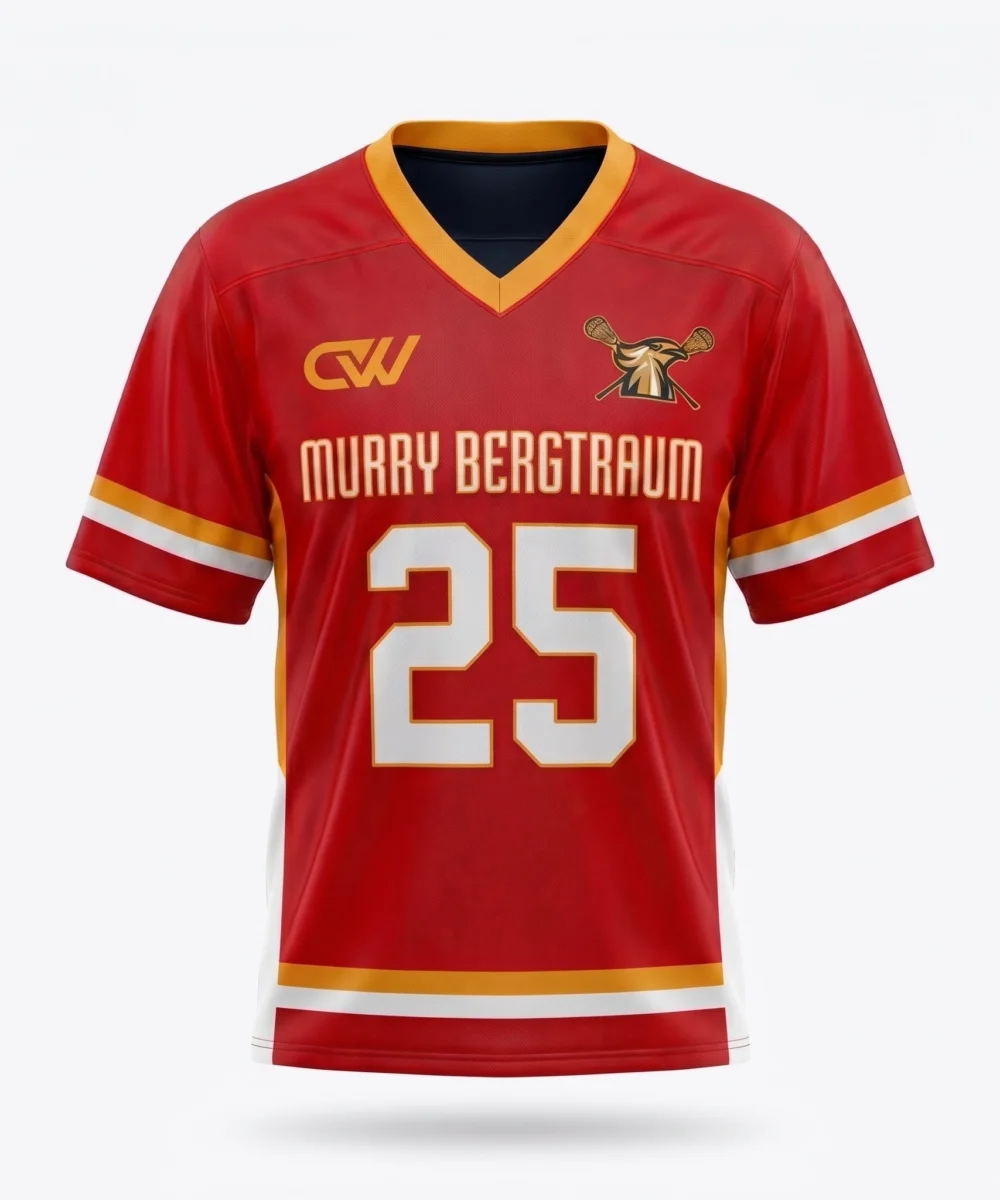 Deuka Wears custom red box lacrosse jersey with gold trim, "Murry Bergtraum" text, and number 25