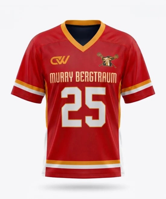 Deuka Wears custom red box lacrosse jersey with gold trim, "Murry Bergtraum" text, and number 25