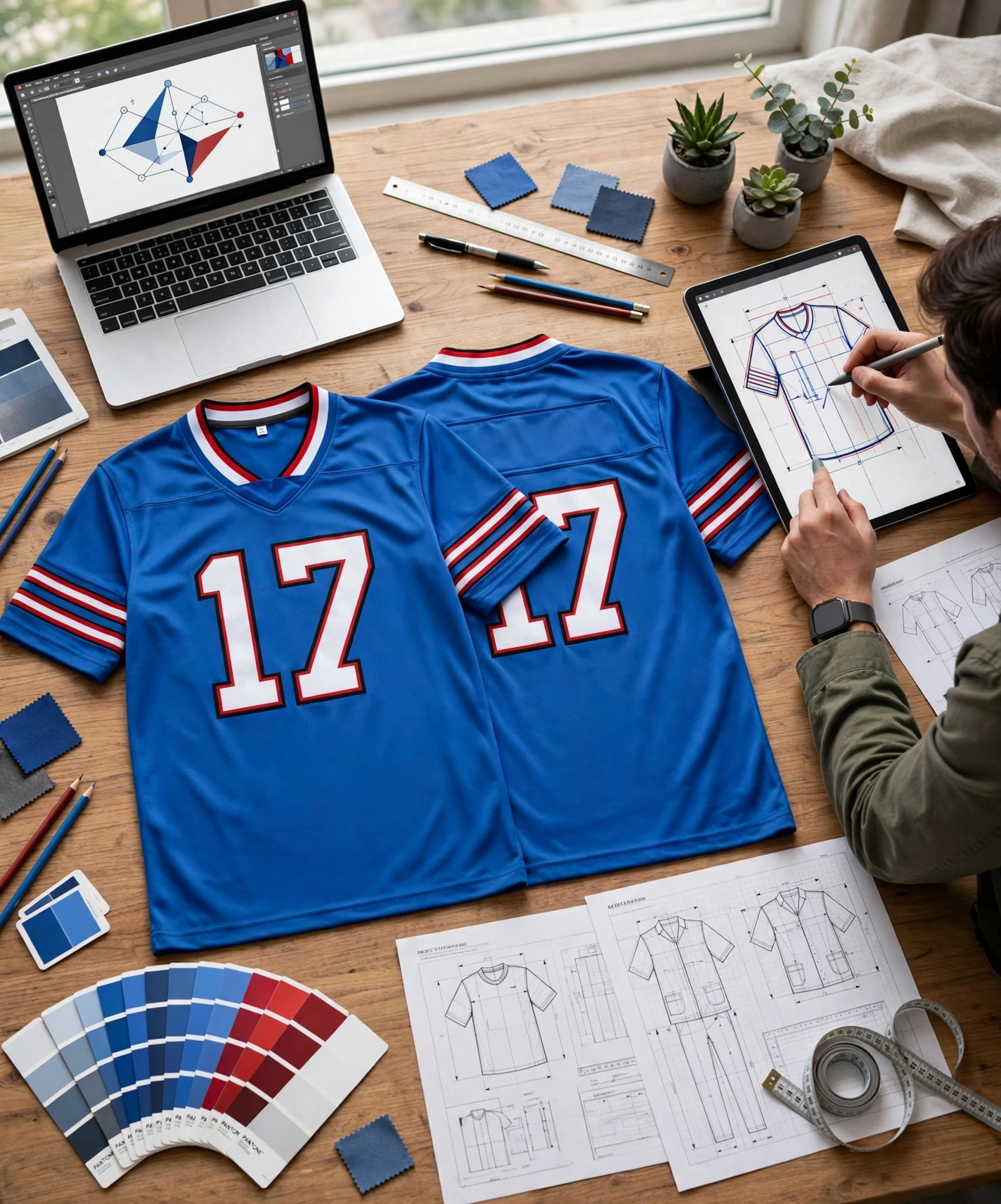 Blue 17 jersey on design table with vector logos, color codes, and apparel specs.