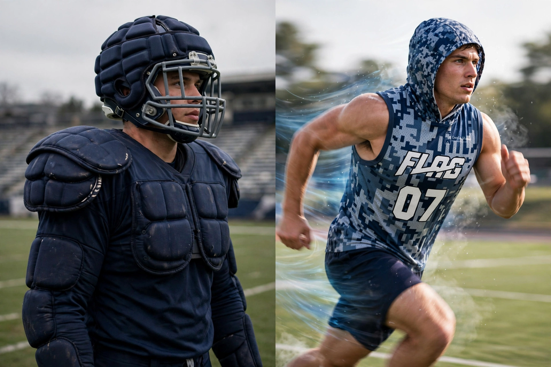 Deuka Wears blue digital camo FLAG 07 sleeveless hooded 7v7 jersey evolution comparison showing heavy traditional tackle football pads vs lightweight aerodynamic second skin for speed and thermal regulation,