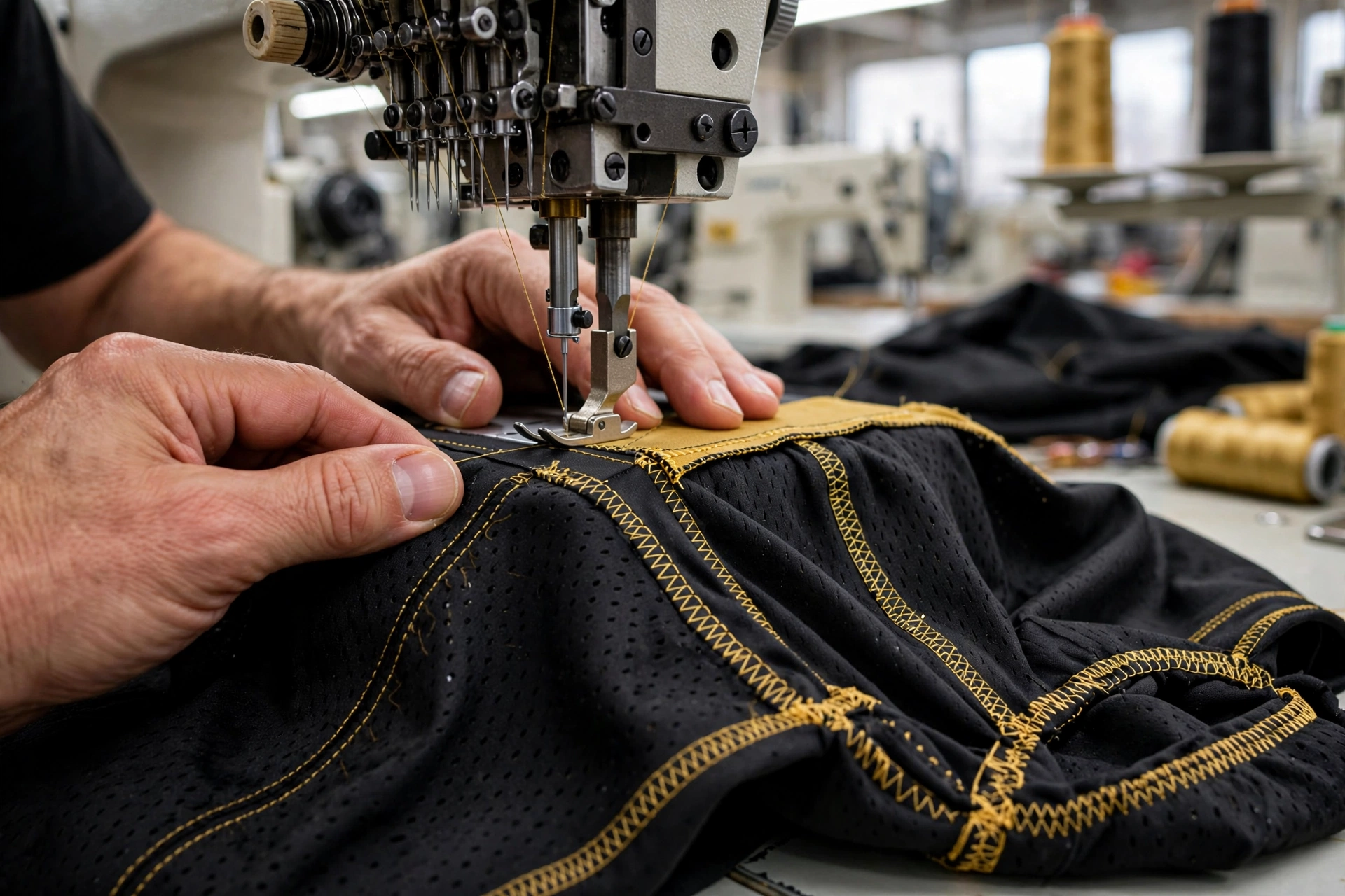 master tailor hands operating reinforced multi-needle industrial sewing machine stitching black mesh American football uniform with gold thread, extreme close-up of key stress points - armhole joints, yoke seams, pant crotches receiving bar-tacking and zigzag reinforcement to prevent seam blowouts, visible reinforced gold stitching on black fabric, spool of gold and black thread in background, high detail on thread tension and seam strength, ultra-realistic, 8K, professional factory lighting, eye-catching website banner, NO TEXT, NO LOGO, NO NUMBERS, NO WATERMARK