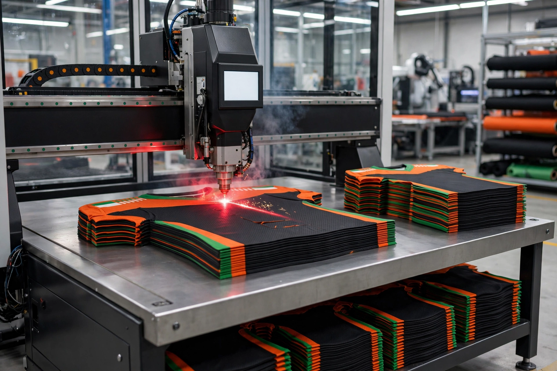 Automated CNC laser cutter precisely cutting bulk custom American football jerseys in black, orange and green ensuring uniform panels at Deuka Wears factory