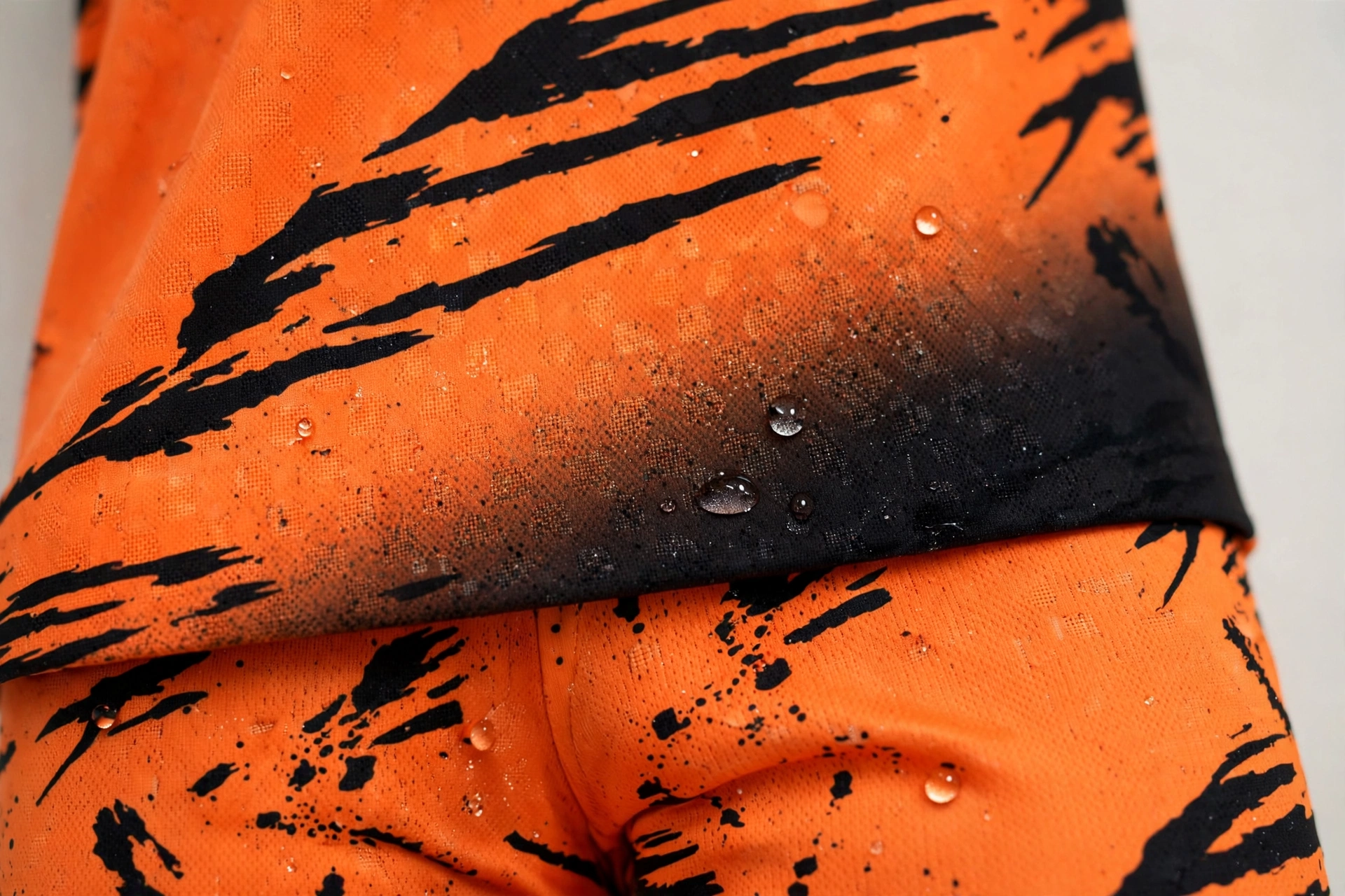 Orange TIGERS 7 jersey macro showing vibrant fade-proof sublimation print