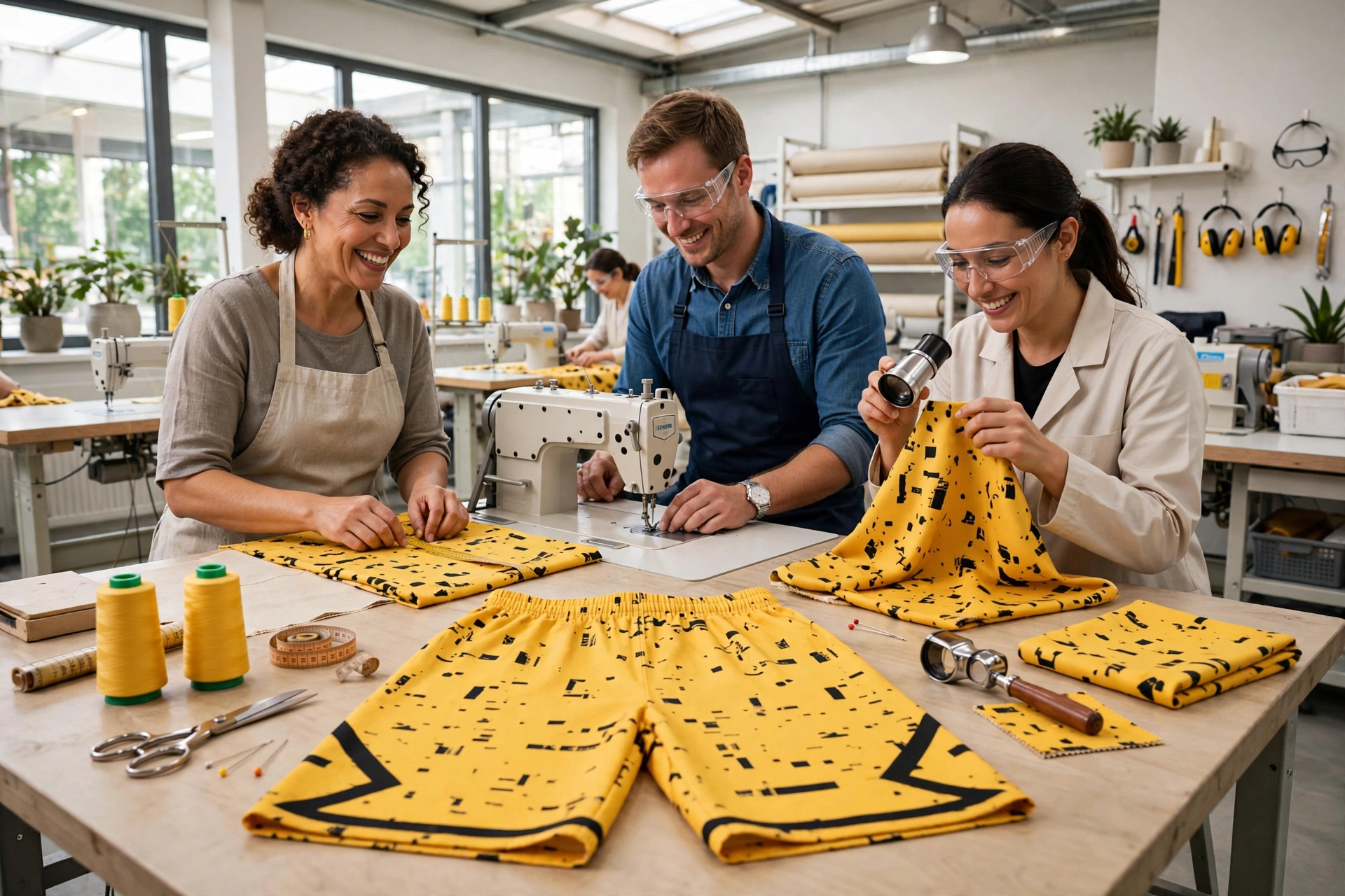 Ethical labor standards yellow basketball shorts black abstract pattern manufacturing safe working conditions fair wages master tailors technicians quality control specialists international labor standards bright factory