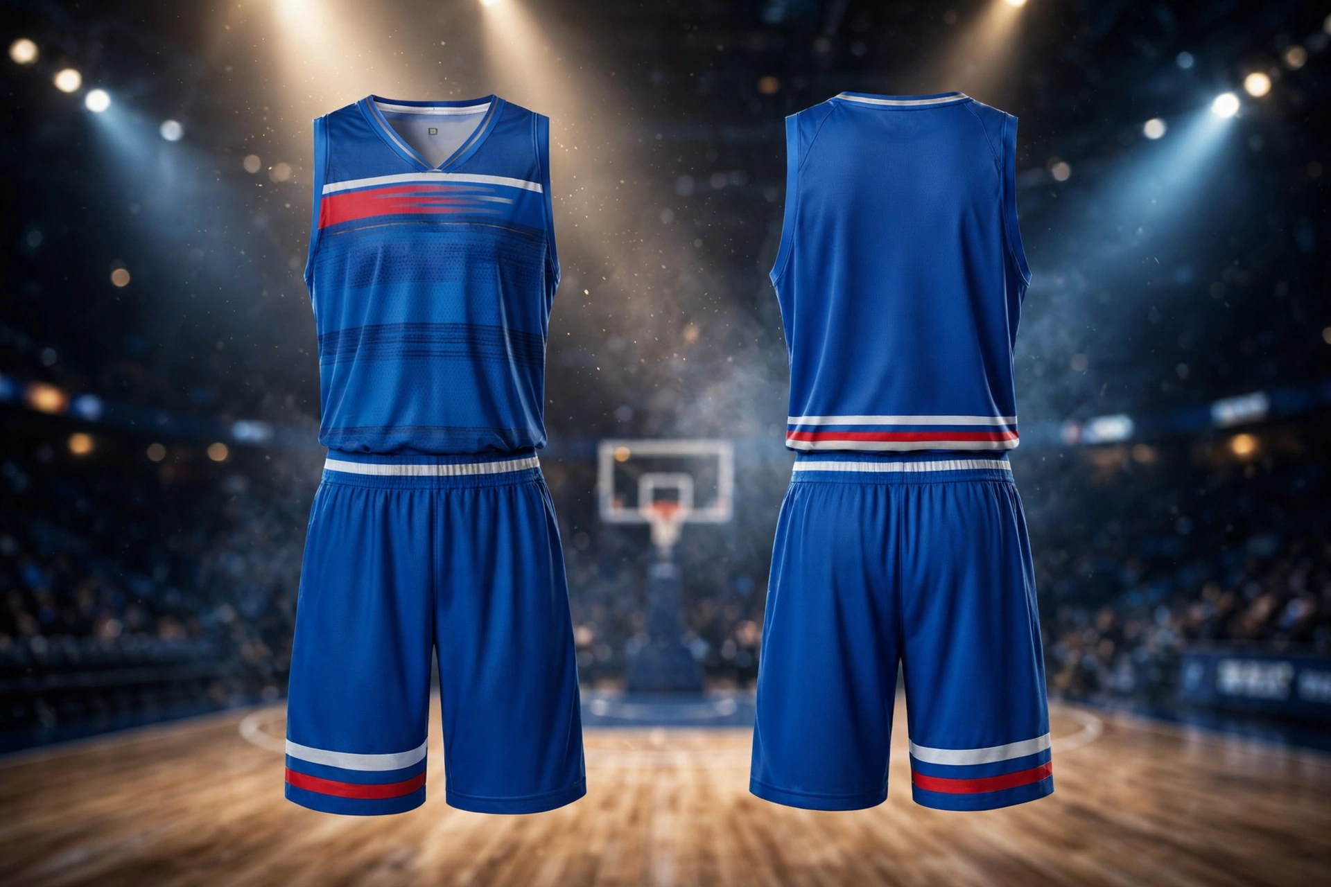 Royal blue championship basketball uniform hardwood court dominance spotlight