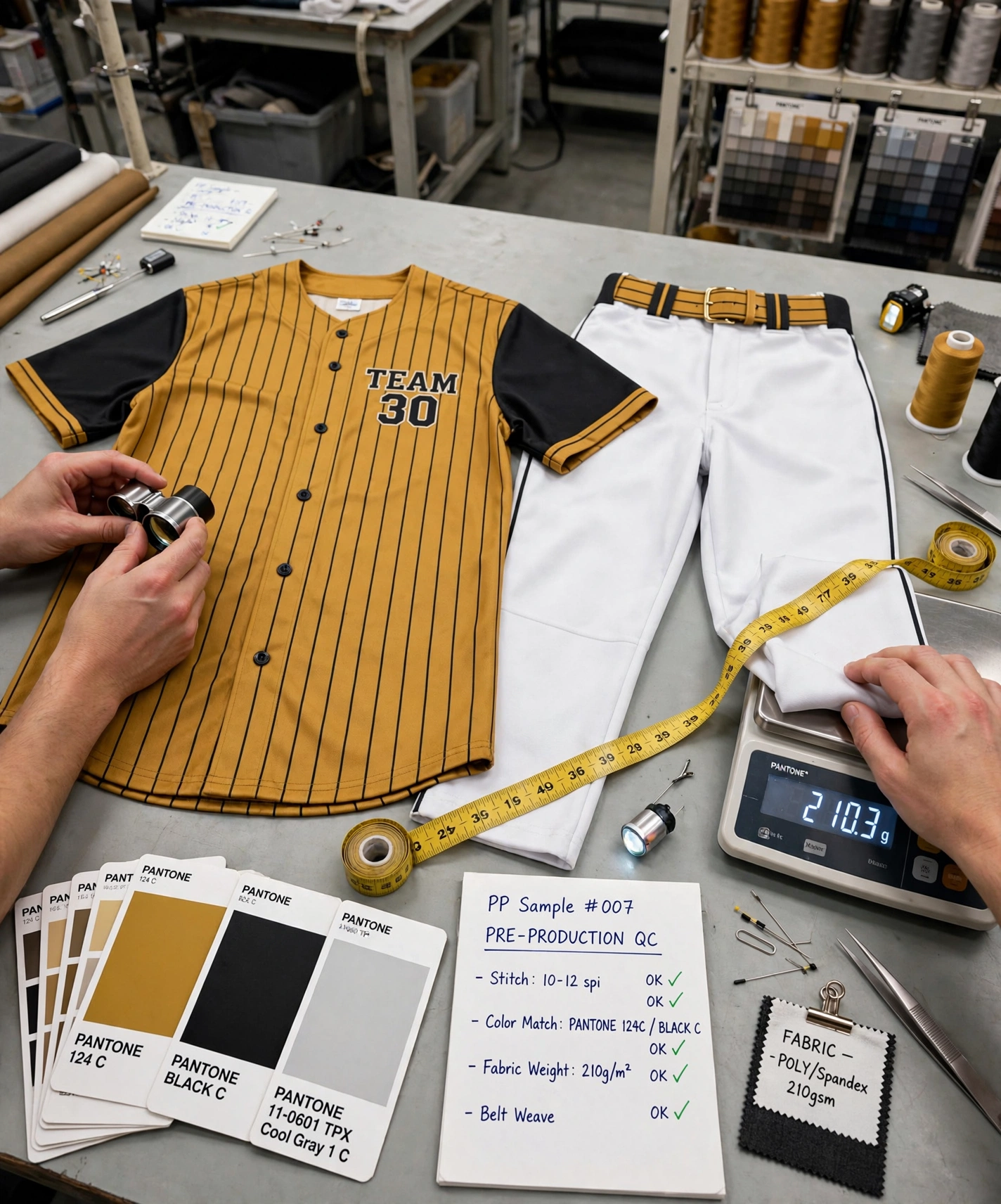 Sample prototyping QC inspection of mustard gold TEAM 30 pinstripe jersey with black sleeves and white pants on lab table, hands inspecting stitching with loupe, weighing fabric showing 210.3g, measuring tape, Pantone 124C and Black C swatches, pre-production QC checklist