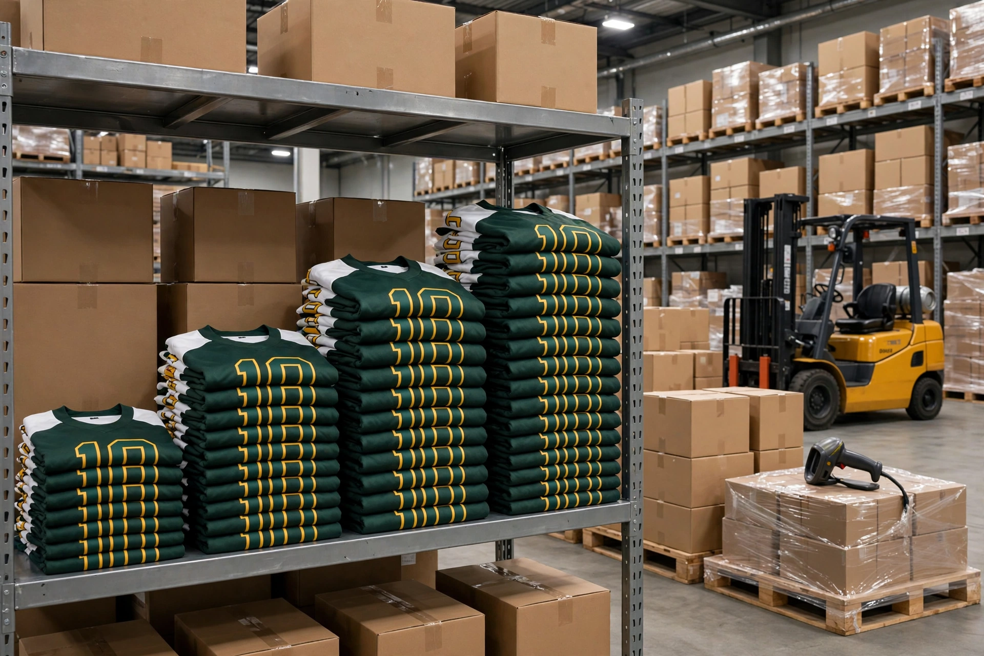 Green 10 jersey stacks organized by size curve in brand warehouse for rapid fulfillment.