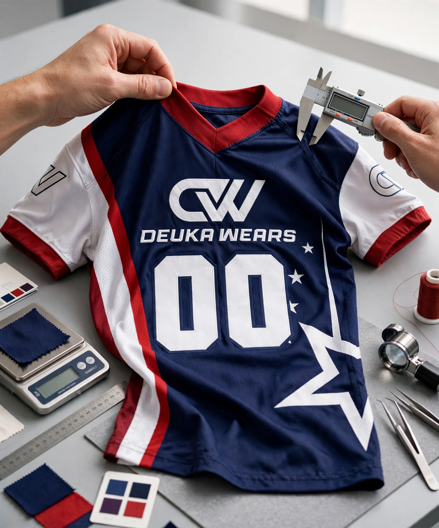 Sample prototyping quality control for navy blue red white star 00 Deuka Wears football jersey - hands measuring stitching with caliper, checking fabric weight and color accuracy on QC table