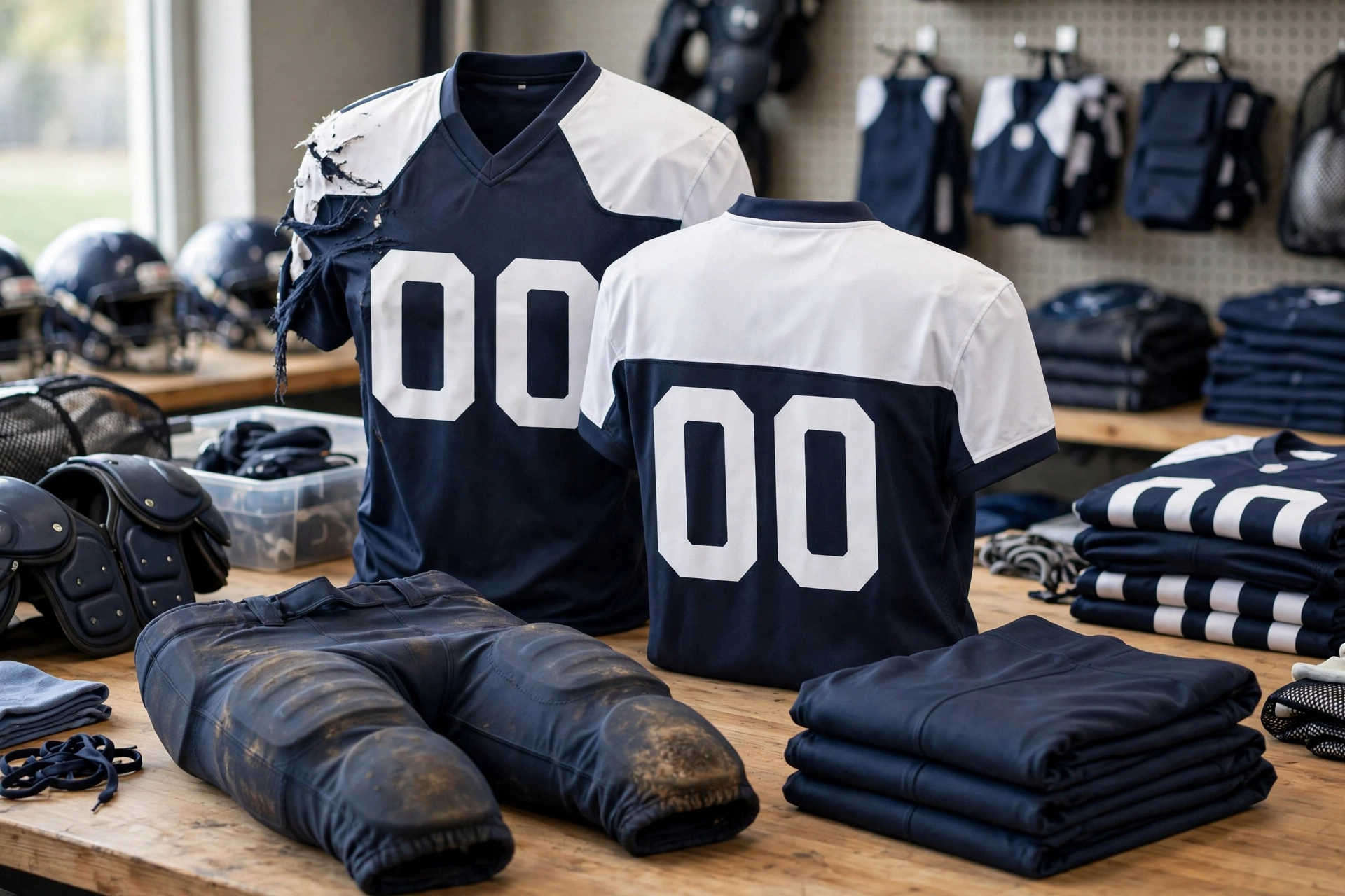 Football equipment room table displaying targeted replacement concept - worn navy blue football jersey with white shoulders and white 00 number showing torn shoulder from pulling stress on mannequin, muddy navy padded football pants with severe turf abrasion on table, next to fresh folded replacement navy pants and stacked clean 00 jerseys, helmets and shoulder pads in background, demonstrating modular purchasing to replace only damaged items without reordering full kits — ultra-realistic 8K, 1536x1024 horizontal banner, no text overlay