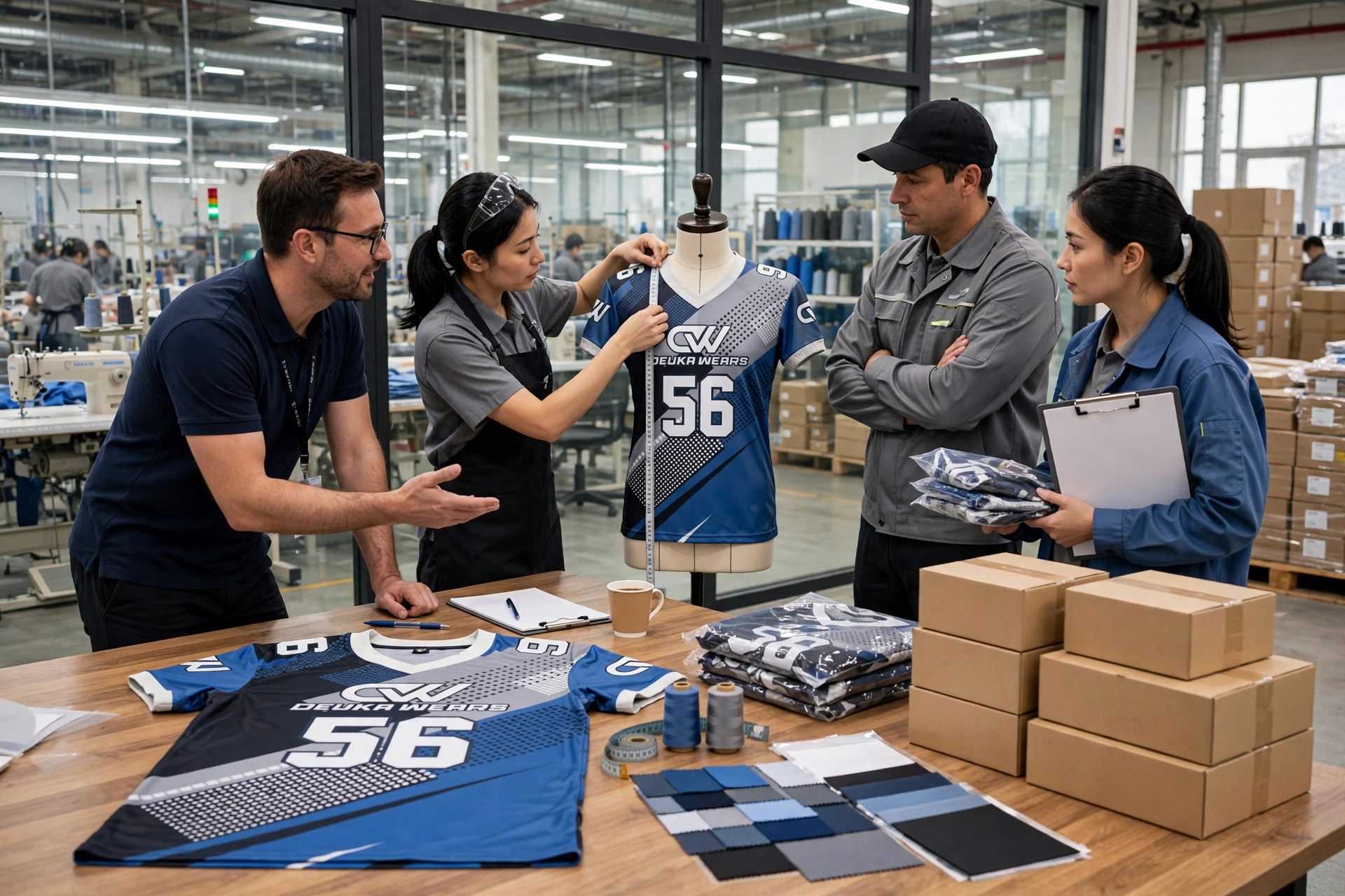 Direct factory partnership meeting at Deuka Wears sports apparel factory showing blue black gray 56 football jersey on mannequin with team discussing customization, fabric swatches, and bulk shipping boxes in 1536x1024 horizontal