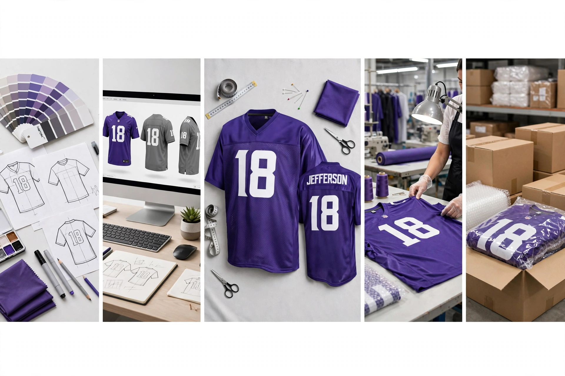 Deuka Wears purple Jefferson 18 football jersey step-by-step ordering guide 1536x1024 showing design consultation with Pantone colors, 3D digital rendering, sample prototyping, quality control inspection, and global logistics packing