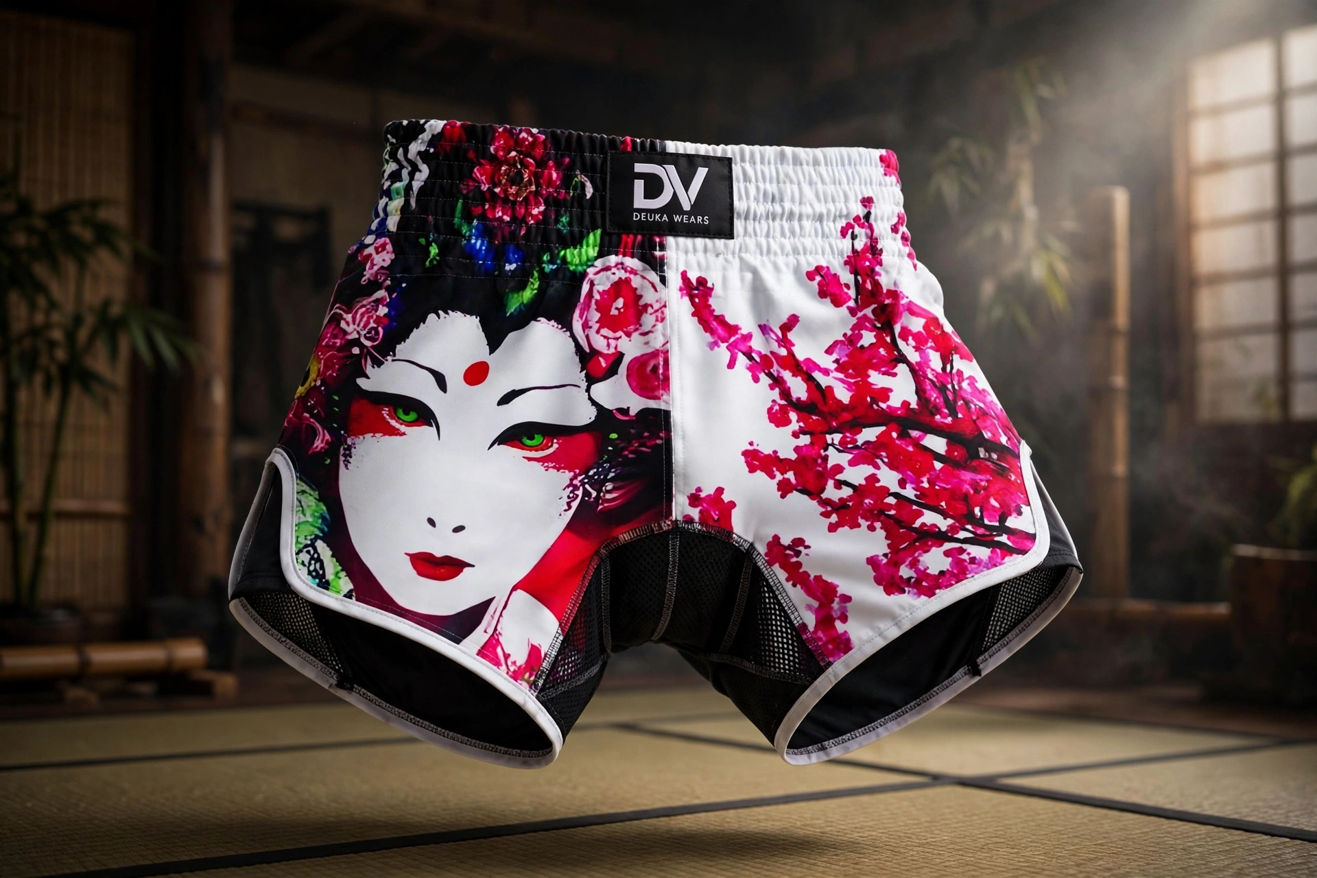 Geisha sakura fight shorts Deuka black logo floating