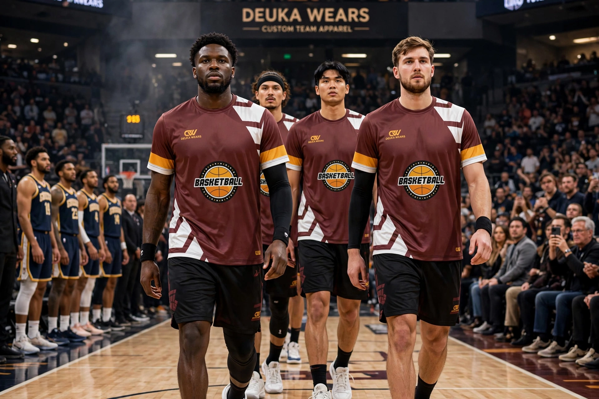 Basketball team pre-game walkout in maroon Deuka Wears shooting shirts