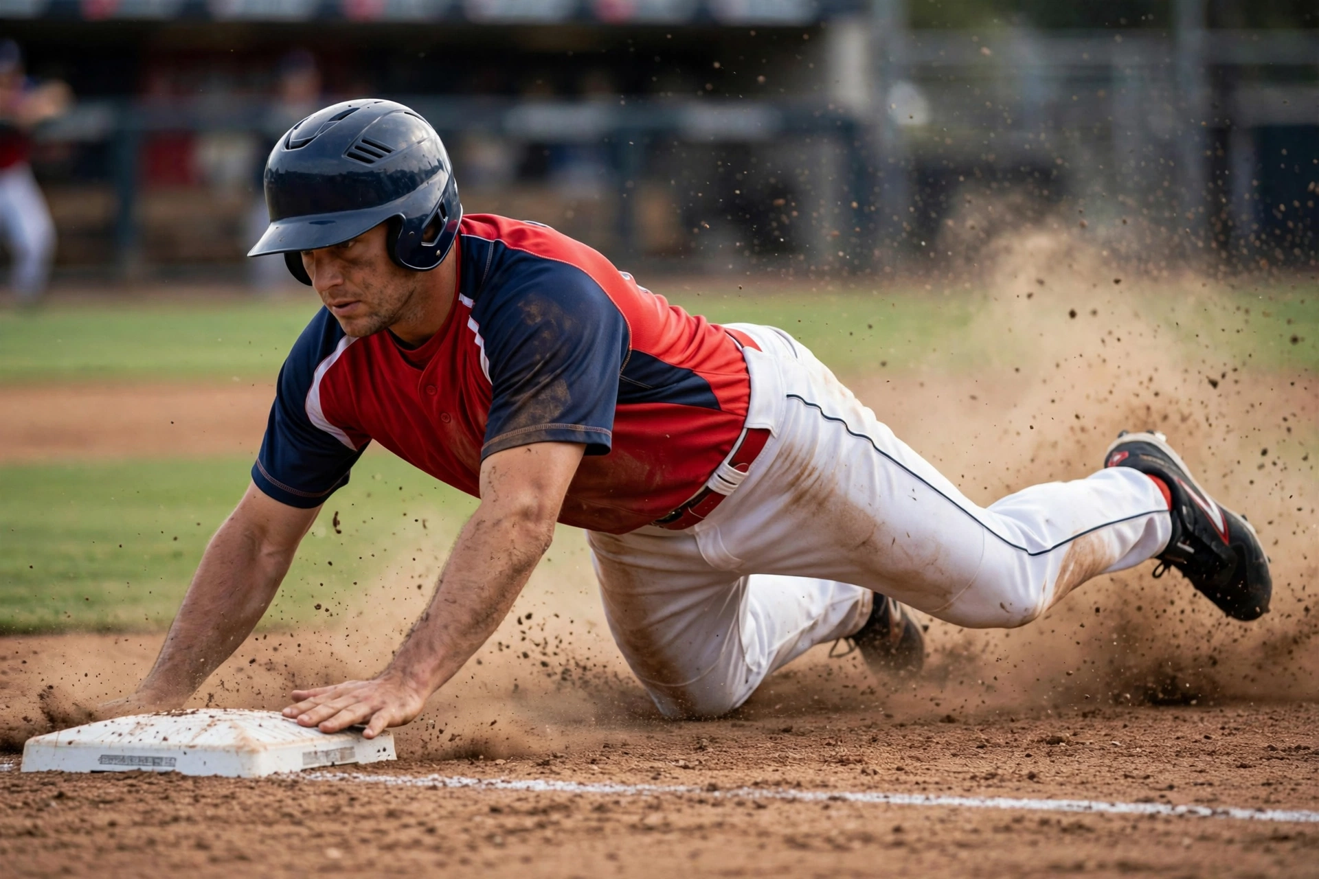 Unmatched Durability - industrial-strength stitching high-tenacity polyester - baseball player in red jersey with navy blue sleeves white pants red belt and navy helmet sliding aggressively into base on dirt infield, dust flying, fabric showing no tearing resisting abrasion forces during diving slide, stitching intact despite dirt and friction, durable performance