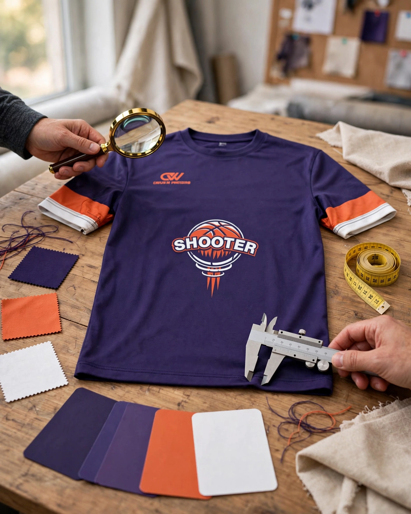 Purple SHOOTER shirt sample prototyping fabric weight stitch quality check