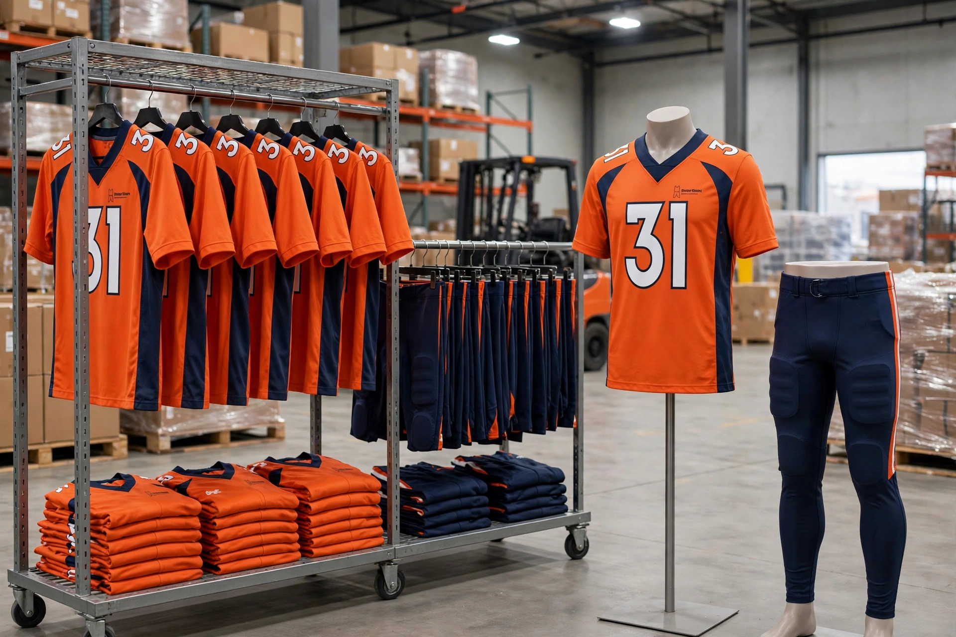 Wholesale warehouse display of modular football separates - exact same orange jersey with navy side panels and white number 31 hanging on rack, matching navy padded football pants with orange stripe on separate rack, mannequin wearing orange 31 jersey and mannequin legs wearing navy pants, folded jersey and pant inventory on lower shelf, forklift and shipping boxes in background showing inventory control and tailored sizing for leagues and private-label brands — ultra-realistic 8K, 1536x1024 horizontal banner, no text overlay