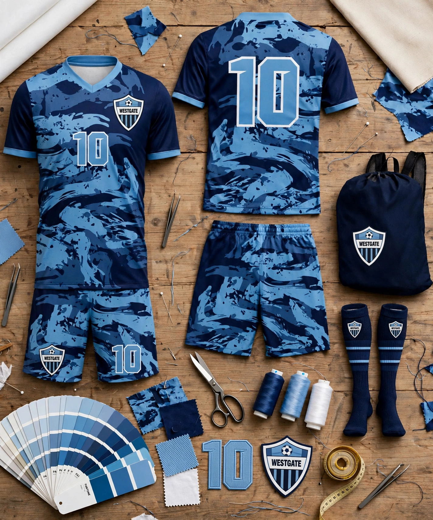Blue camo 10 WESTGATE kit on wood table with Pantone and embroidery samples