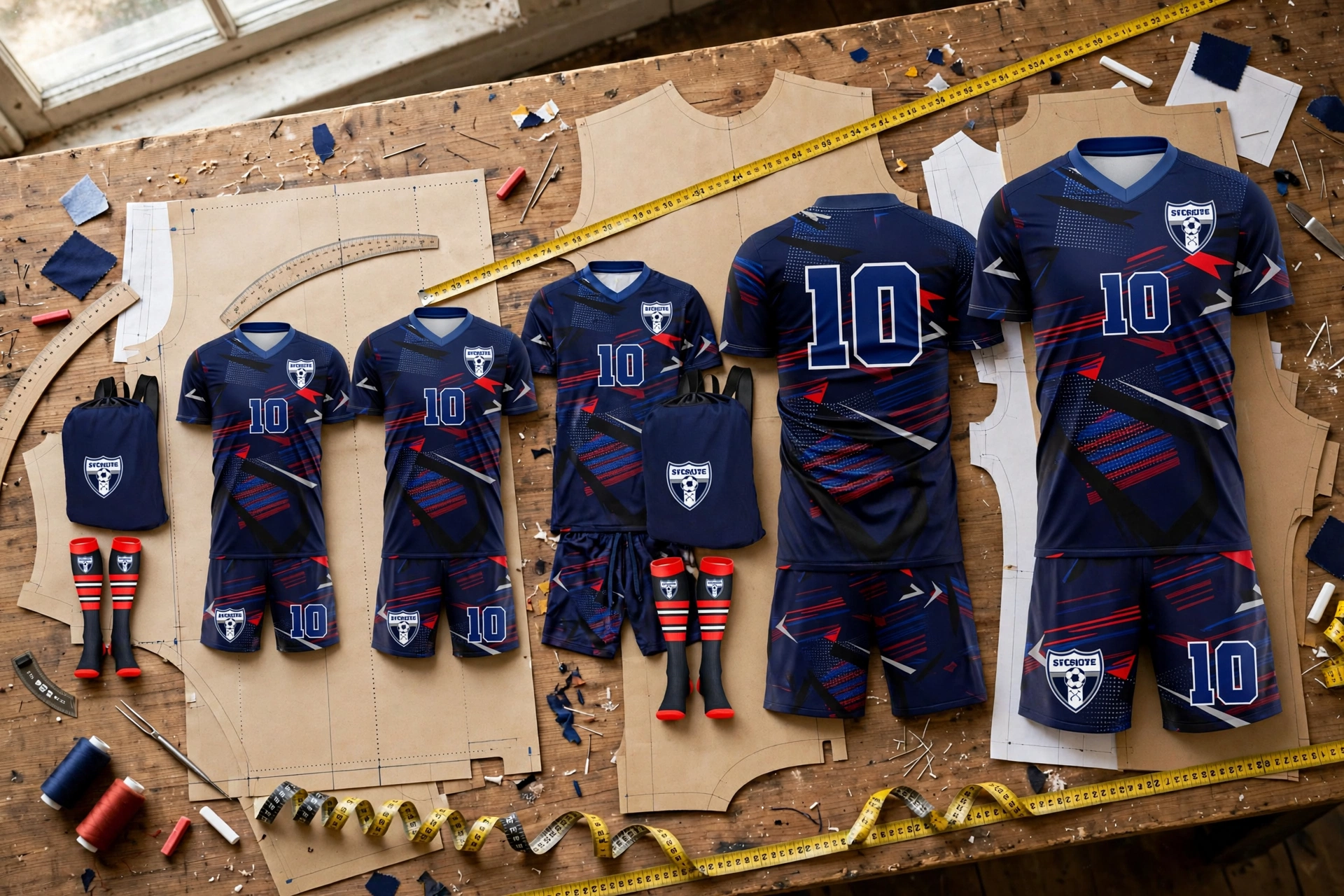 Navy red 10 kit in youth to adult 6XL sizes on grading table