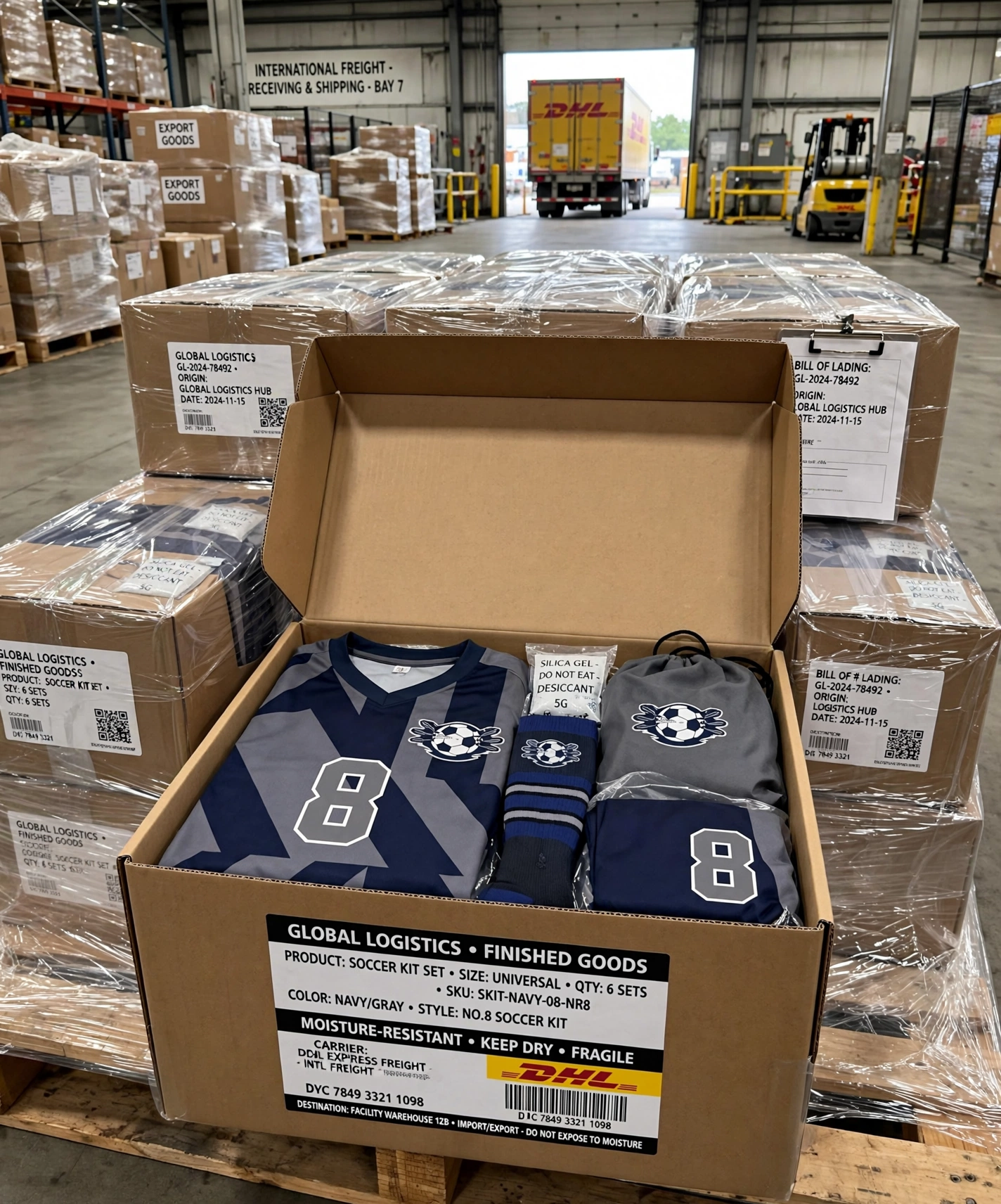 Navy-gray 8 kit packed in moisture-resistant carton on pallet, DHL truck loading.