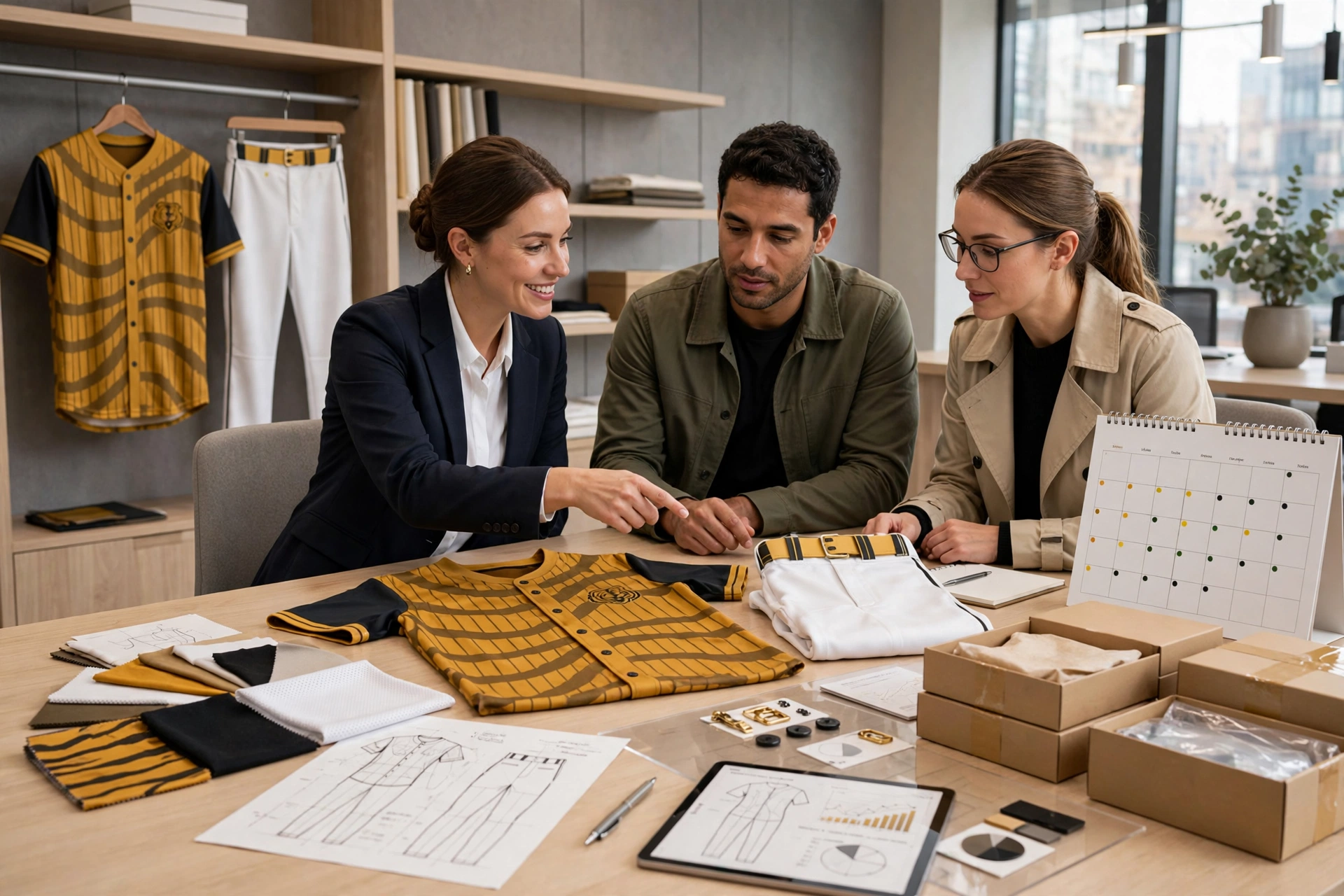 Dedicated account manager guiding retail brand clients through end-to-end customization of gold and black tiger stripe baseball jersey and white pants with fabric swatches, vector sketches, production calendar and packaged goods on table showing transparent pricing and reliable lead times