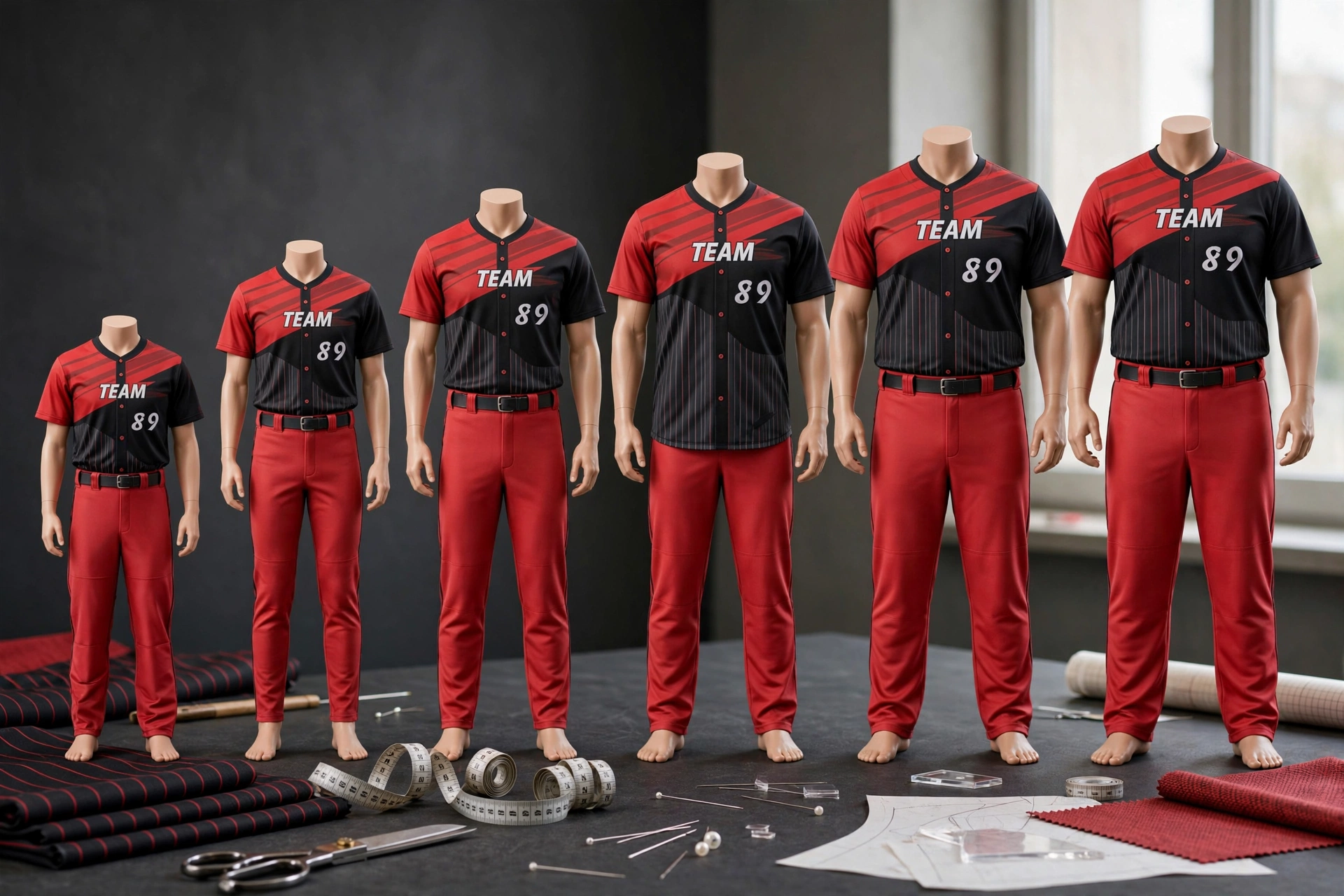 Deuka Wears Comprehensive Sizing and Fit Engineering showcase - six mannequins from Youth Small to Adult 6XL all wearing identical black and red diagonal pinstripe TEAM 89 jerseys with red sleeves and red baseball pants with black belts, demonstrating Youth to Adult 6XL grading, Pro-Fit athletic contour-hugging cuts vs Standard-Fit generous room, custom length extensions for tall players, with measuring tape, fabric rolls, scissors, pattern sketches and pins on dark studio floor foreground, realistic textile textures