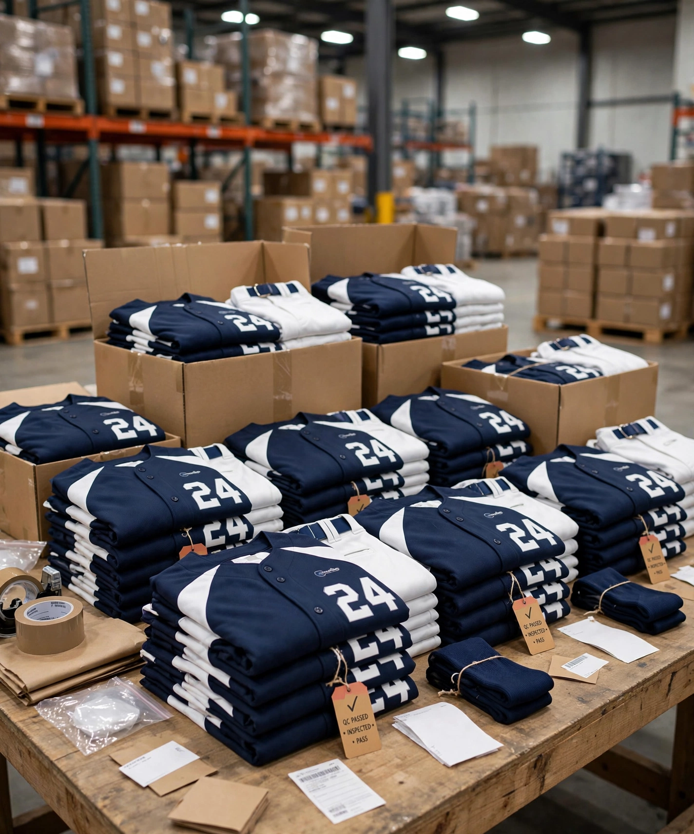 Mass production warehouse with bulk stacks of navy blue baseball jerseys with white side panels and number 24 and white pants folded in shipping boxes on packing table, QC Passed Inspected tags attached, cardboard boxes and pallets in background ready for global delivery