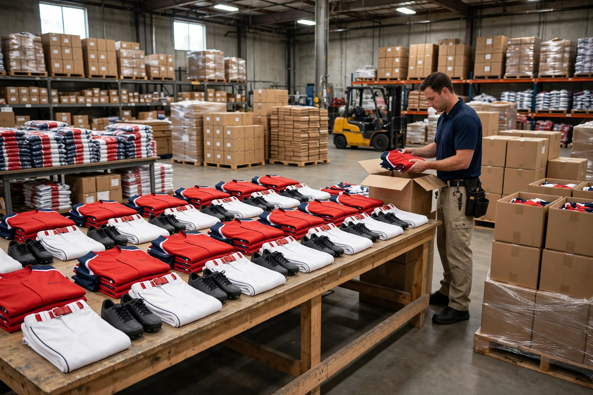 Realistic warehouse showing streamlined sourcing with single manufacturing partner handling red jerseys with navy sleeves and white pants with red belts neatly organized for entire roster on packing table, reducing logistics overhead and ensuring uniform delivery timelines