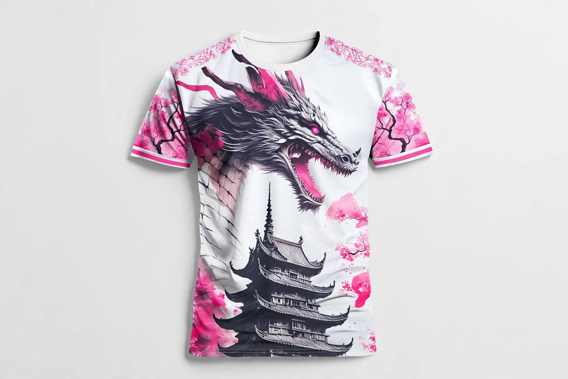 White dragon pagoda pink cherry blossom jersey front view