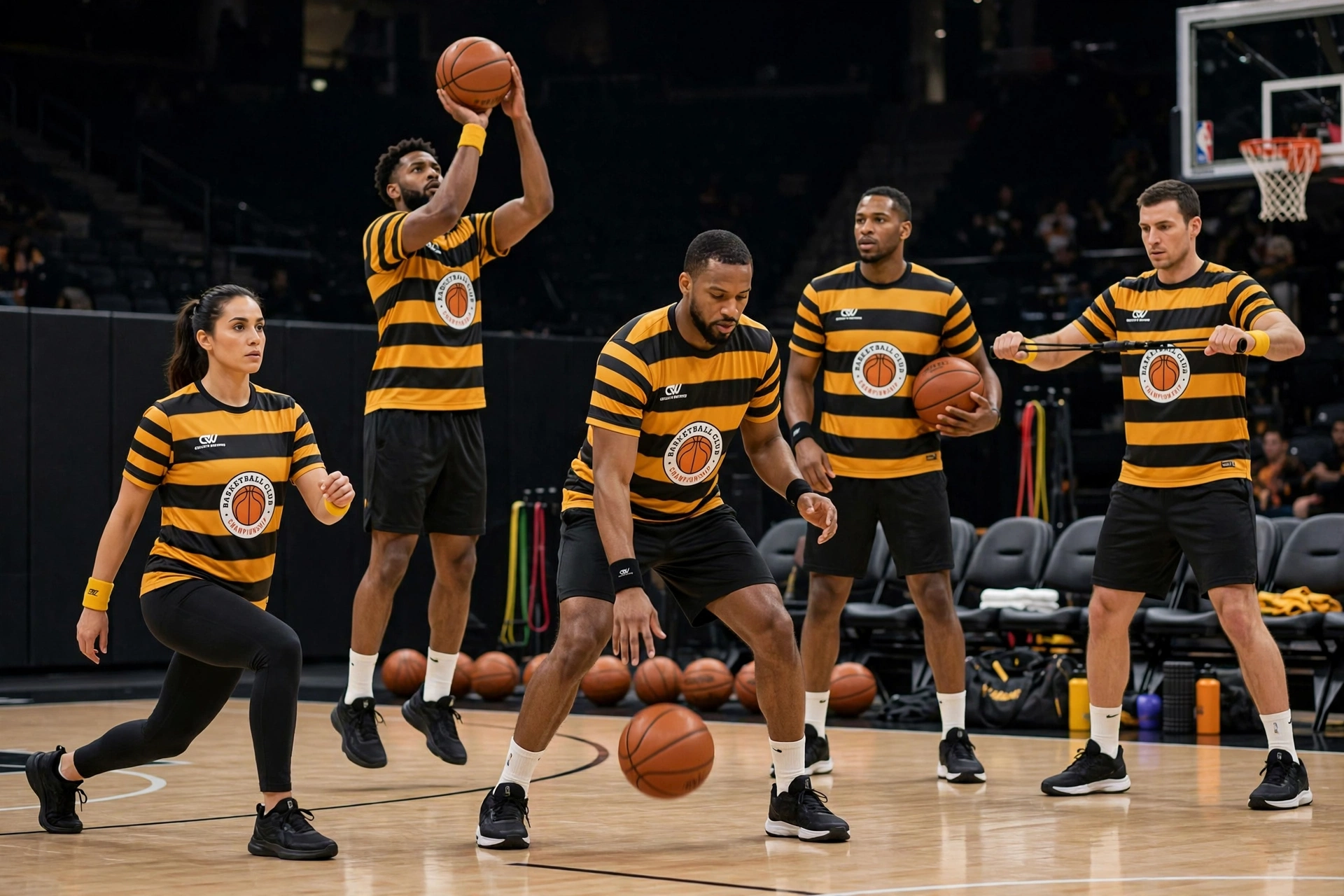 Strategic importance of specialized basketball warm-up apparel - 5 diverse athletes wearing yellow black horizontal striped warm-up t-shirts with Basketball Club Championship basketball logo performing pre-game conditioning drills lunges shooting resistance band training on hardwood court cohesive professional team presence Deuka Wears wholesale custom basketball warm up t-shirts supplier