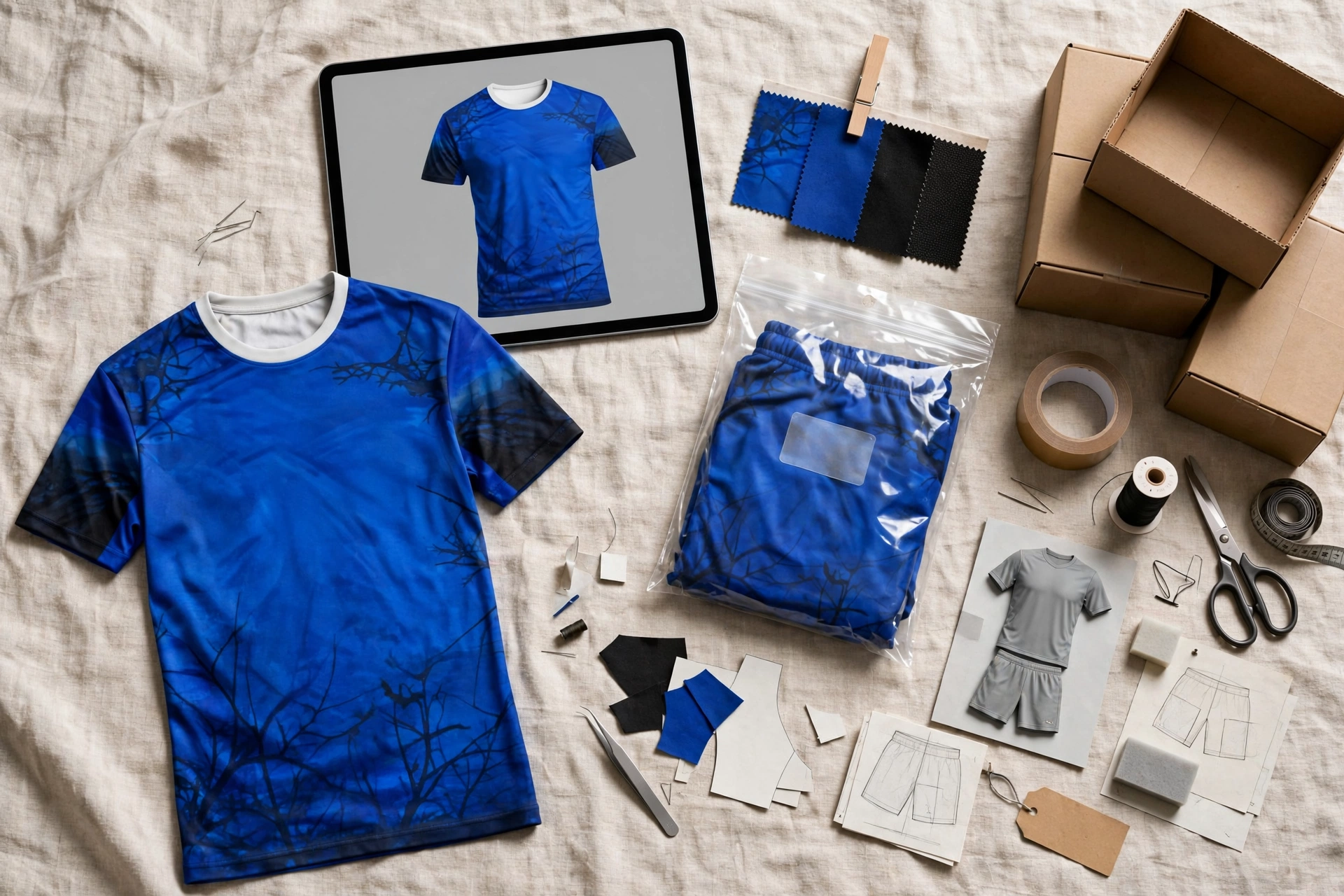 Blue jersey ordering workflow flatlay