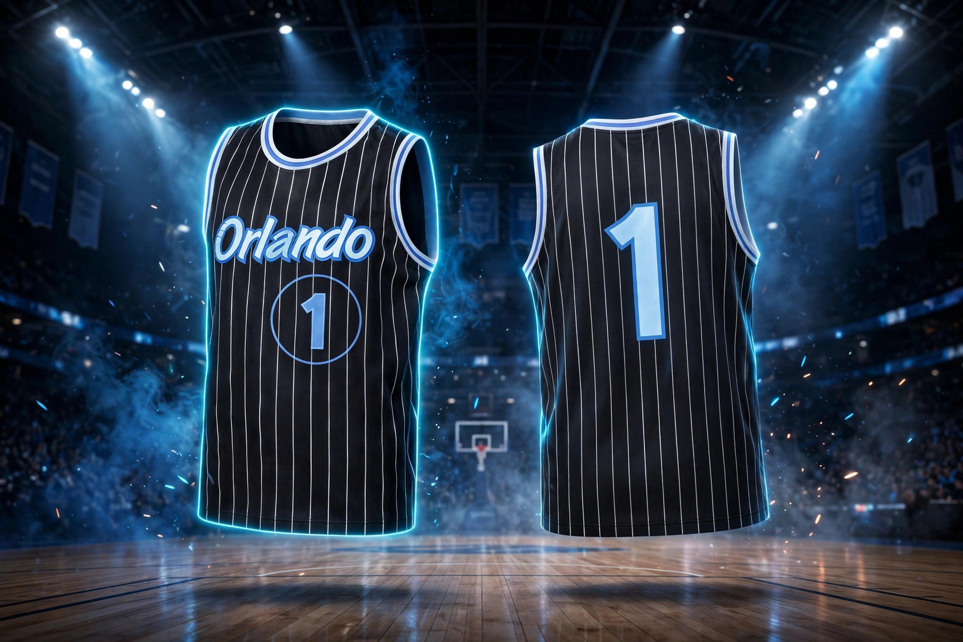 Black pinstripe Orlando basketball jersey number 1 front and back floating with neon blue glow on hardwood court under arena spotlights smoke and sparks representing strategic advantage modular separates