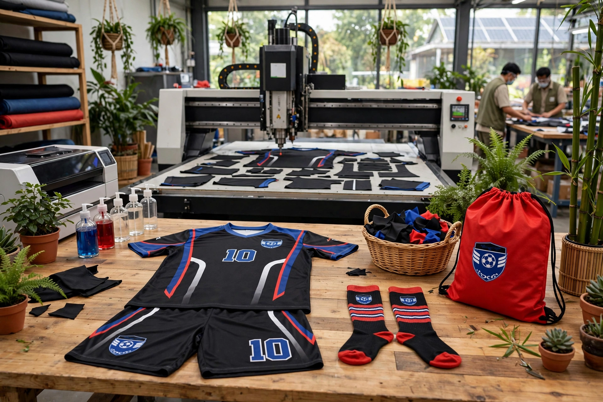 Your black-red-blue 10 kit in the eco workshop — non-toxic water-based inks on the table, CNC nesting table maximizing fabric layout in back, plants and ethical workspace