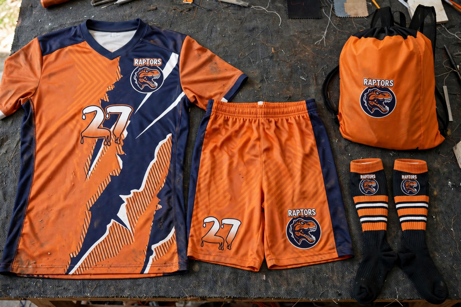 RAPTORS 27 orange kit showing balanced fabric durability.
