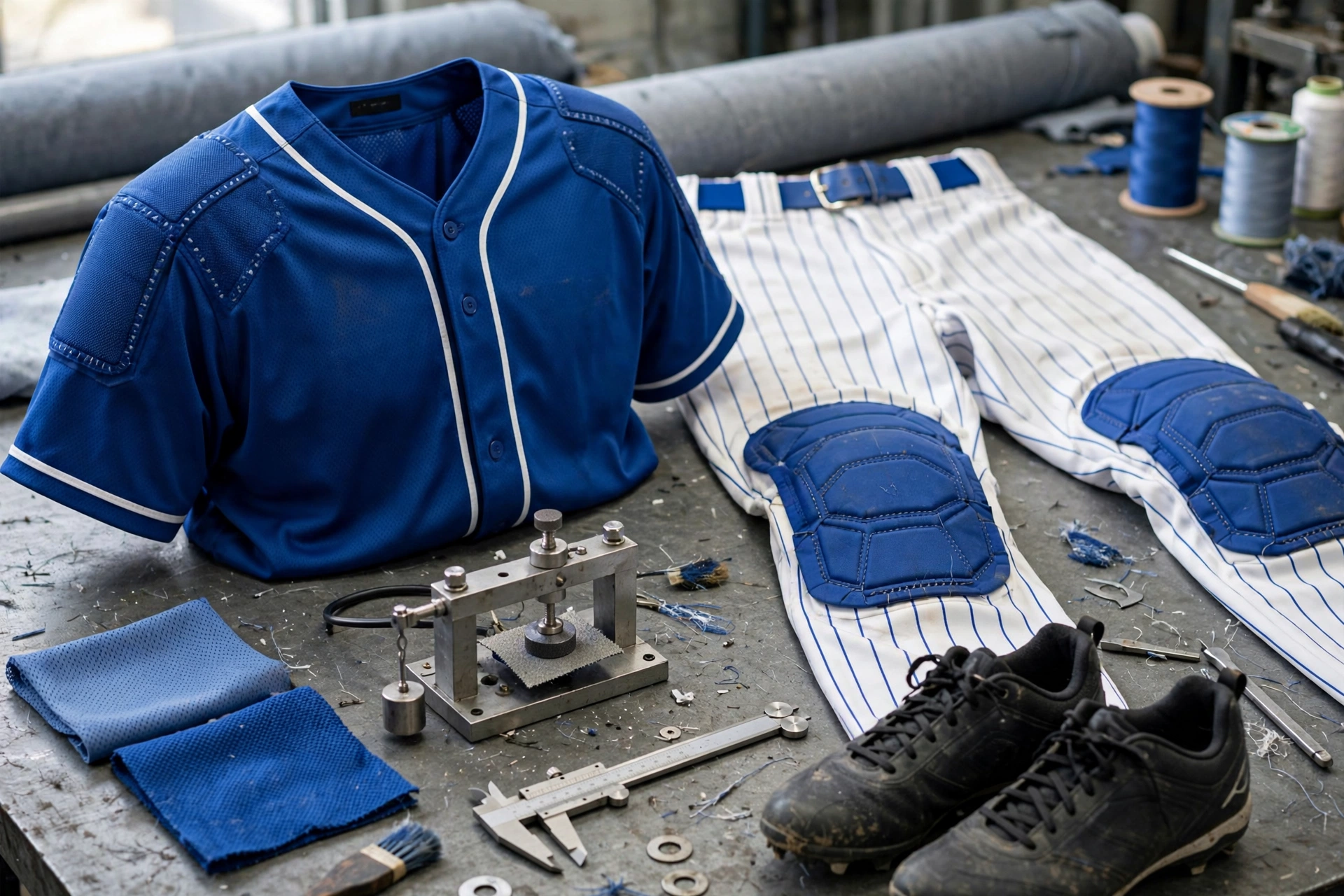 Balanced durability baseball uniform set showing royal blue jersey with white piping and reinforced shoulder stitching alongside white pinstripe pants with blue reinforced knee pads on workbench with fabric swatches, abrasion testing tool, and black cleats demonstrating complementary fabric weights for high-stress contact zones