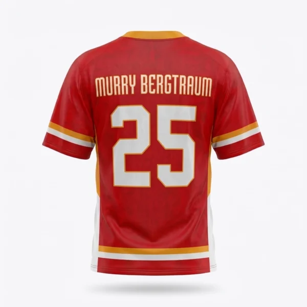 Deuka Wears custom red box lacrosse jersey back view featuring player name "Bergtraum" and number 25 with gold and white striping.