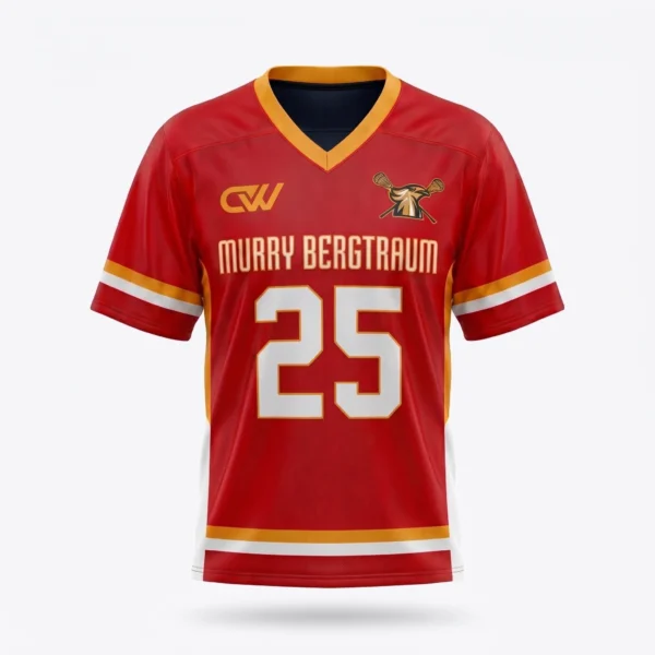 Deuka Wears custom red box lacrosse jersey with gold trim, "Murry Bergtraum" text, and number 25
