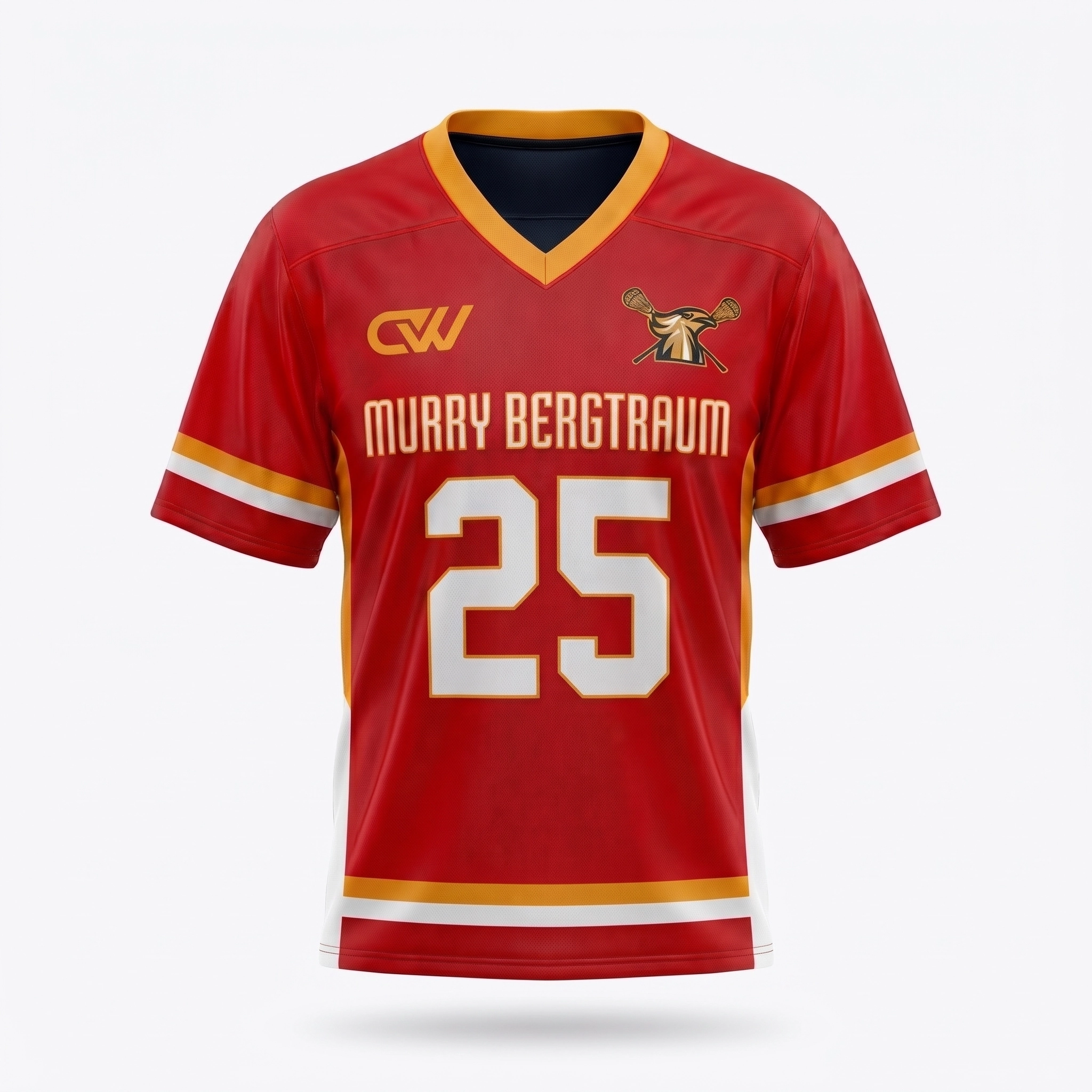 Deuka Wears custom red box lacrosse jersey with gold trim, "Murry Bergtraum" text, and number 25