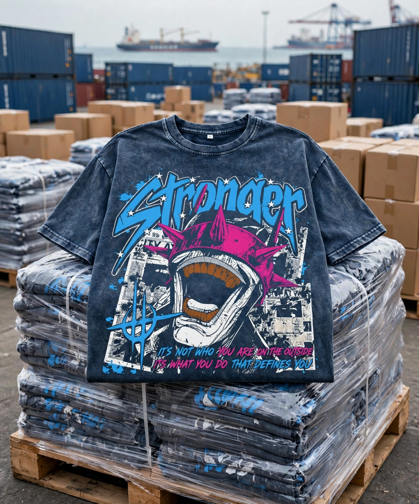 Acid washed Stronger graphic t-shirt draped over shrink-wrapped bulk pallet of same shirts at shipping port with blue containers and cargo ship background - cost-effective ocean freight FCL LCL 423x509