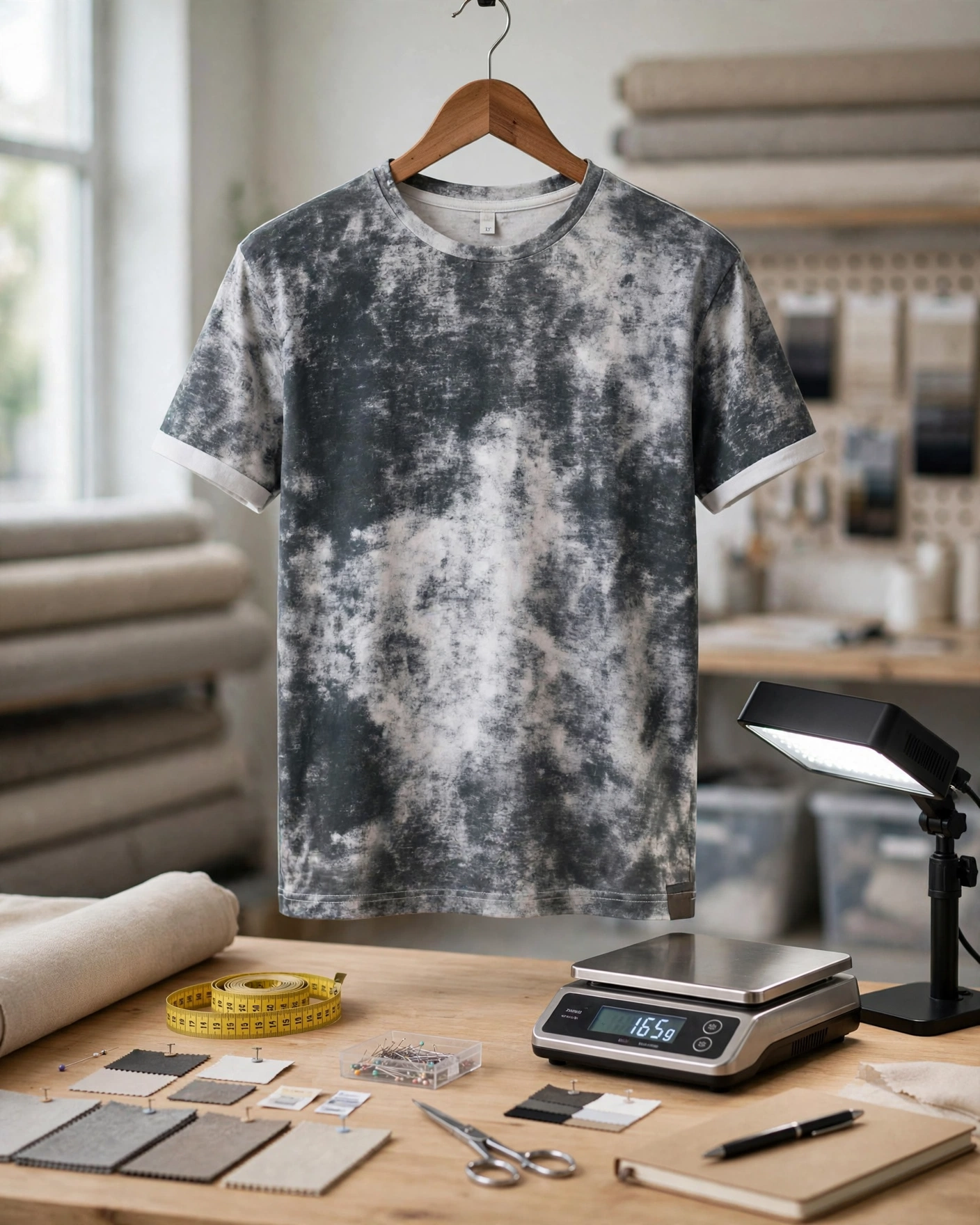 Grey and white acid wash tie-dye t-shirt with white cuffs hanging on wooden hanger in sample prototyping studio with fabric weight scale fit measurement tape and print quality inspection lamp - pre-production sample review