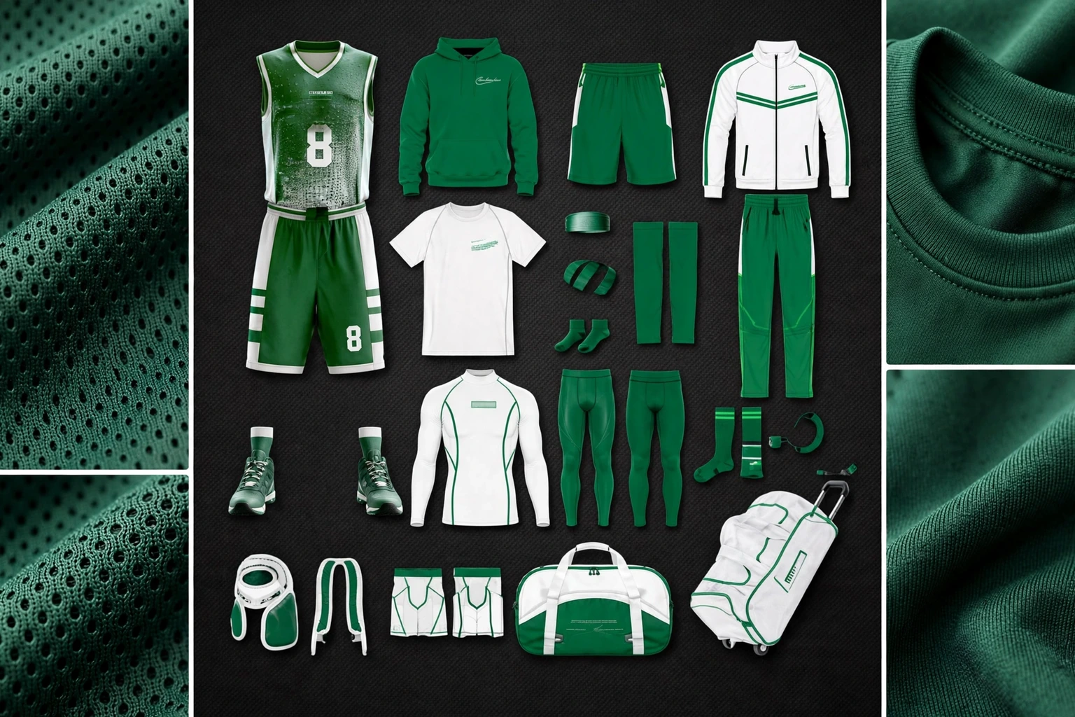 Green number 8 basketball uniform kit flat lay with fabric texture close-ups showing pin-dot pro-mesh polyester breathability and reinforced collar ribbing technical details