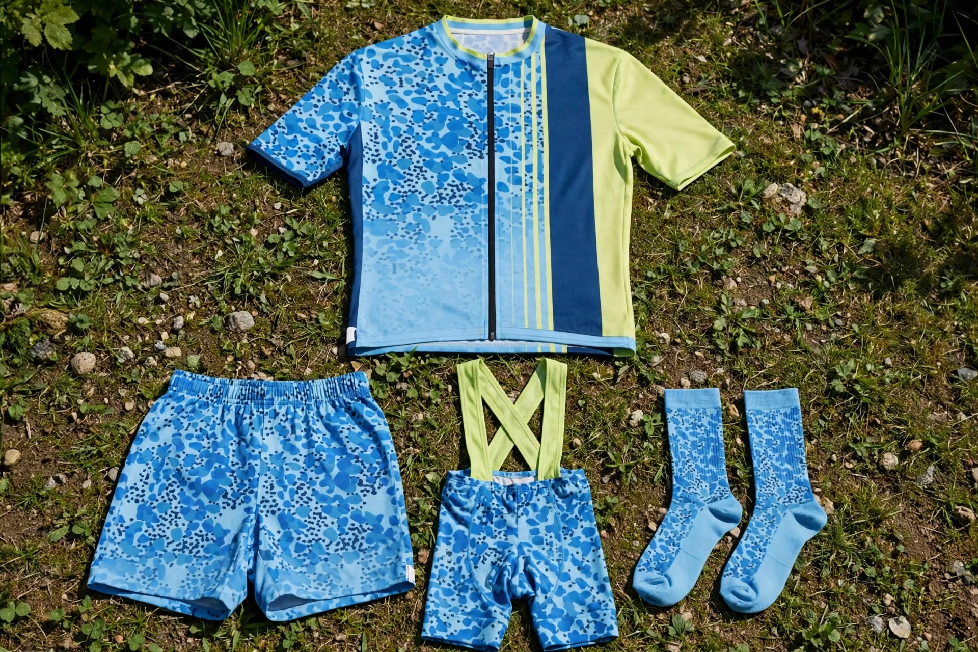 Deuka Wears blue spotted cycling jersey with matching rugby shorts, bike bib shorts with lime straps and socks laid on grass in sunlight showing flawless color consistency — sublimation batches match perfectly 1536x1024