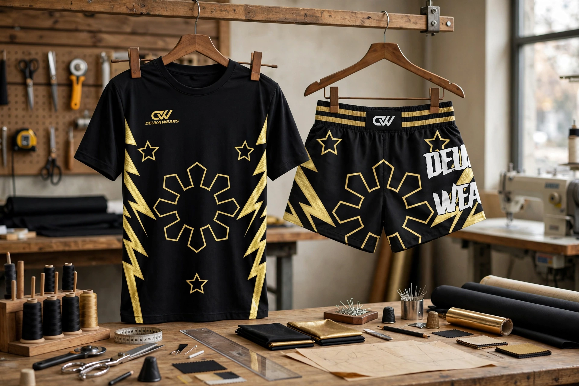 Black gold sunburst star t-shirt and shorts set hanging on wooden hangers in ergonomic tailoring studio with multi-panel hip knee pattern templates - ergonomic spat cut