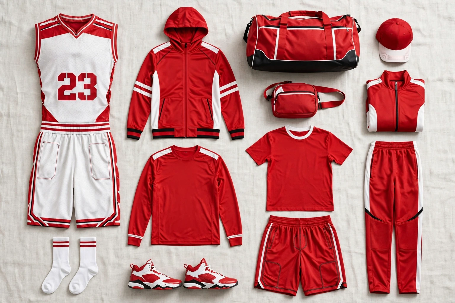 Red and white number 23 basketball uniform full kit flat lay jersey shorts hoodies bags caps shoes showing balanced durability with complementary fabric weights