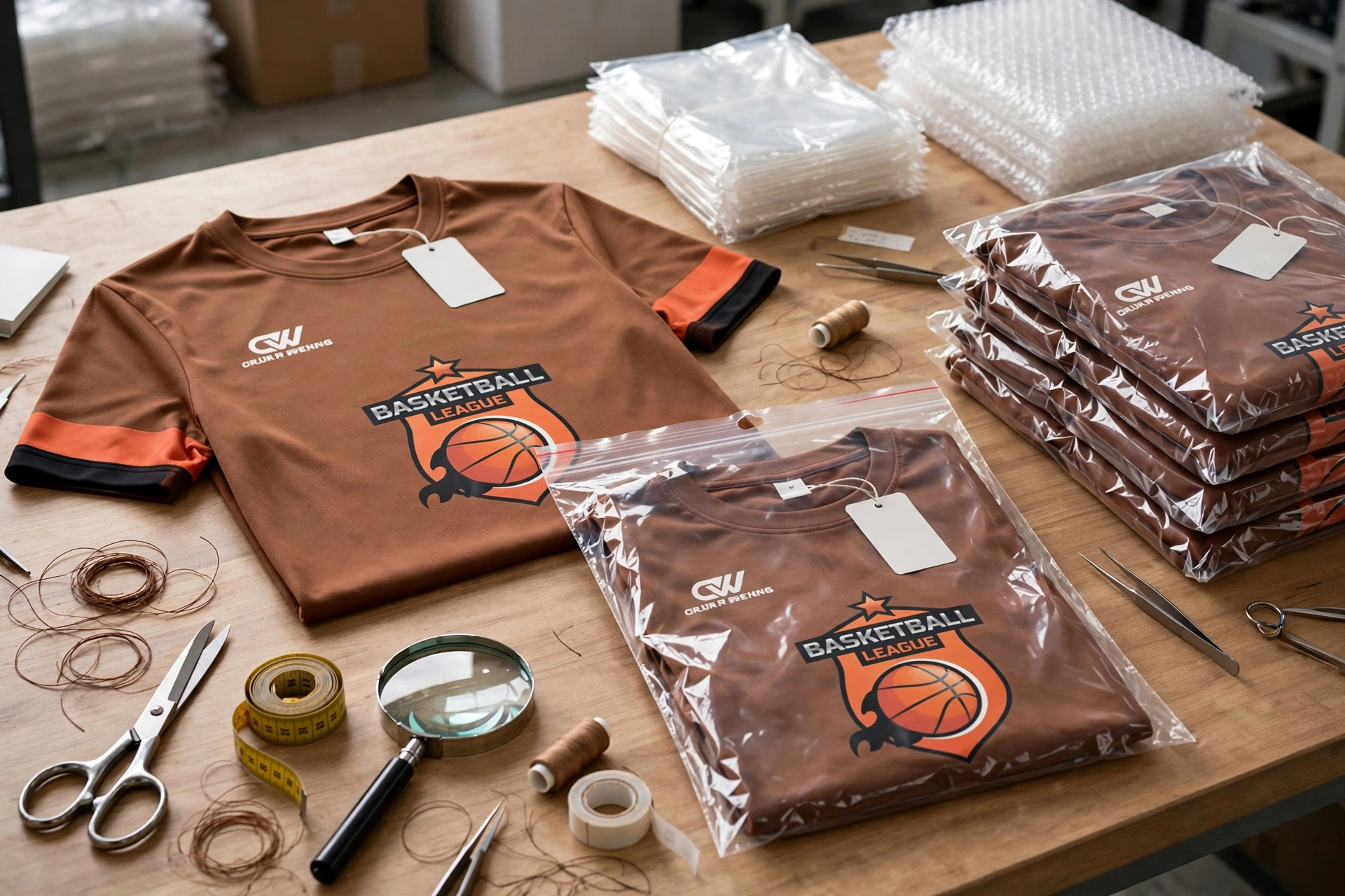 Brown basketball league t-shirts undergoing final pre-shipment AQL audit on wooden table with magnifying glass, scissors, measuring tape checking stray threads, sizing tags and retail polybag packaging - 1536x1024