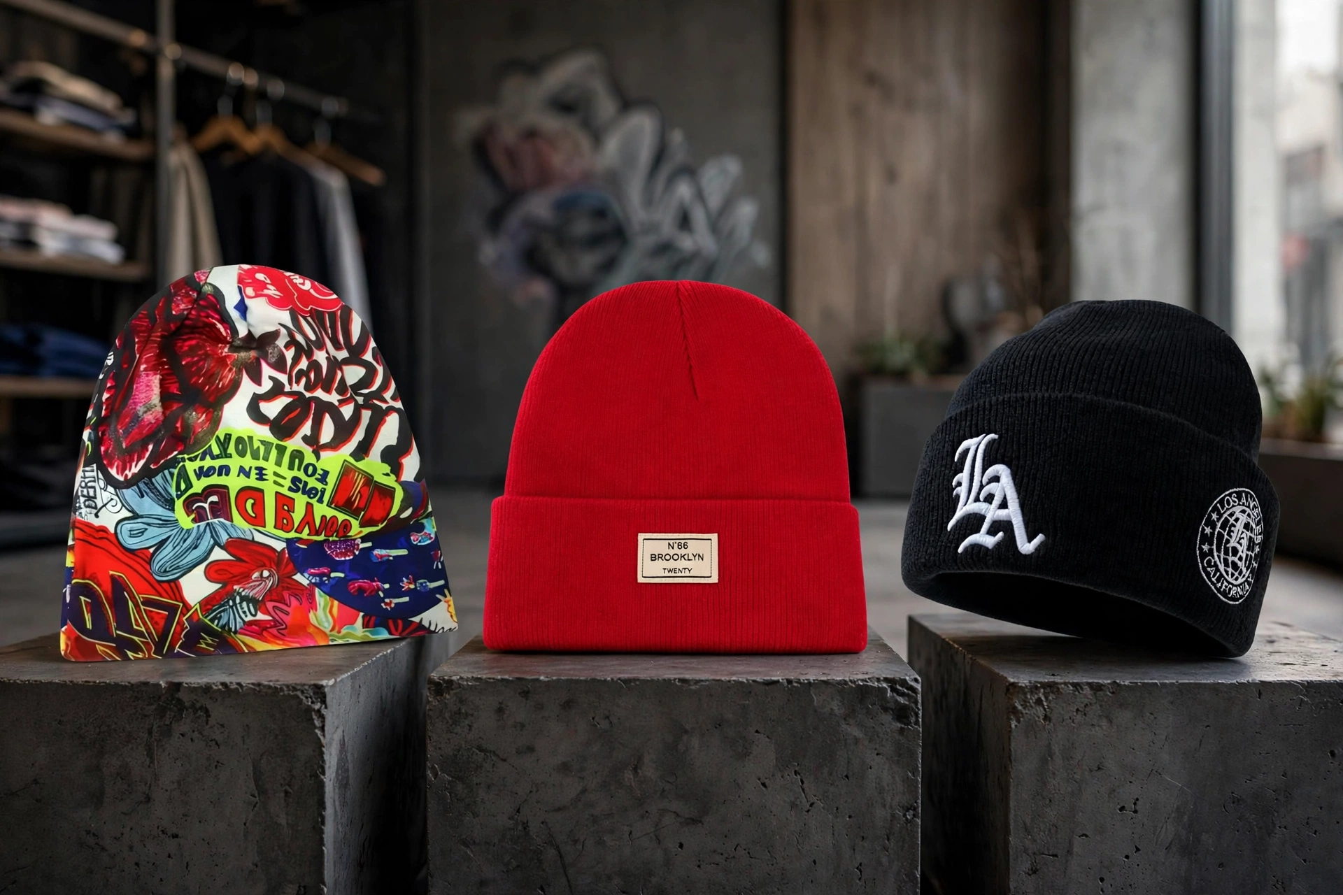 Three custom beanies on concrete pedestals - graffiti print beanie with red lips, red Brooklyn patch beanie, black LA embroidered beanie - premium wholesale headwear collection showcasing versatile streetwear essential