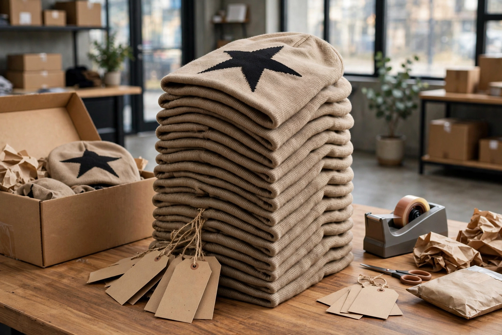 Stack of 20 beige knit beanies with large black star on wooden table with hangtags and shipping box - low MOQ 20 pieces per design for small inventory test