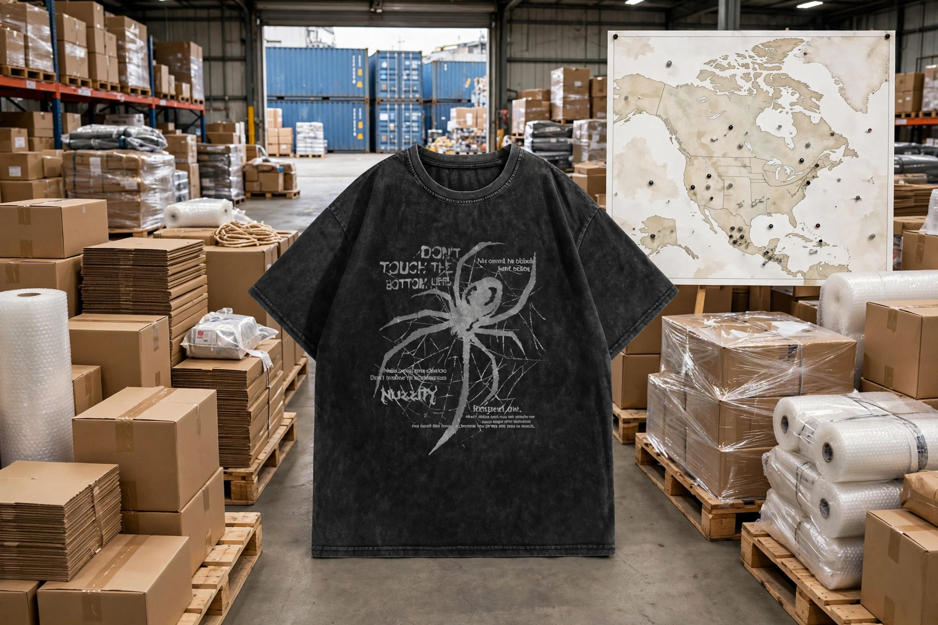 Black acid-wash spider graphic t-shirt centered in distribution warehouse with pallets of cartons and North America pin map showing split-shipment dropshipping routes - direct to warehouse fulfillment 1536x1024