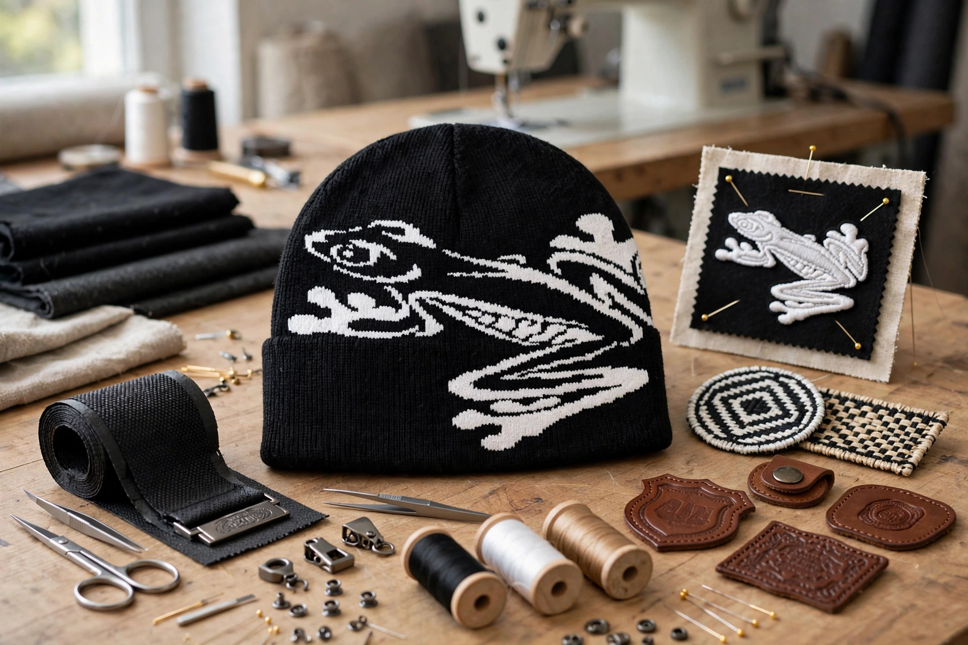 Black knit beanie with white frog graphic on workshop table surrounded by 3D puff embroidery sample, woven patches, leather badges, branded taping and metal closures - customization techniques that make brand pop